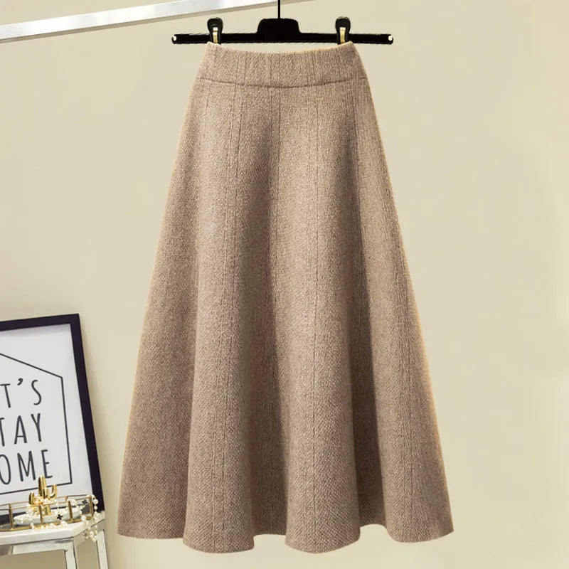 Women's Autumn Winter Knitted Sweater & High Waist A-Line Skirt 2-Piece Set - Cozy Long Sleeve Pullover & Flattering Skirt Outfit for Casual Wear, Office, and Date Nights