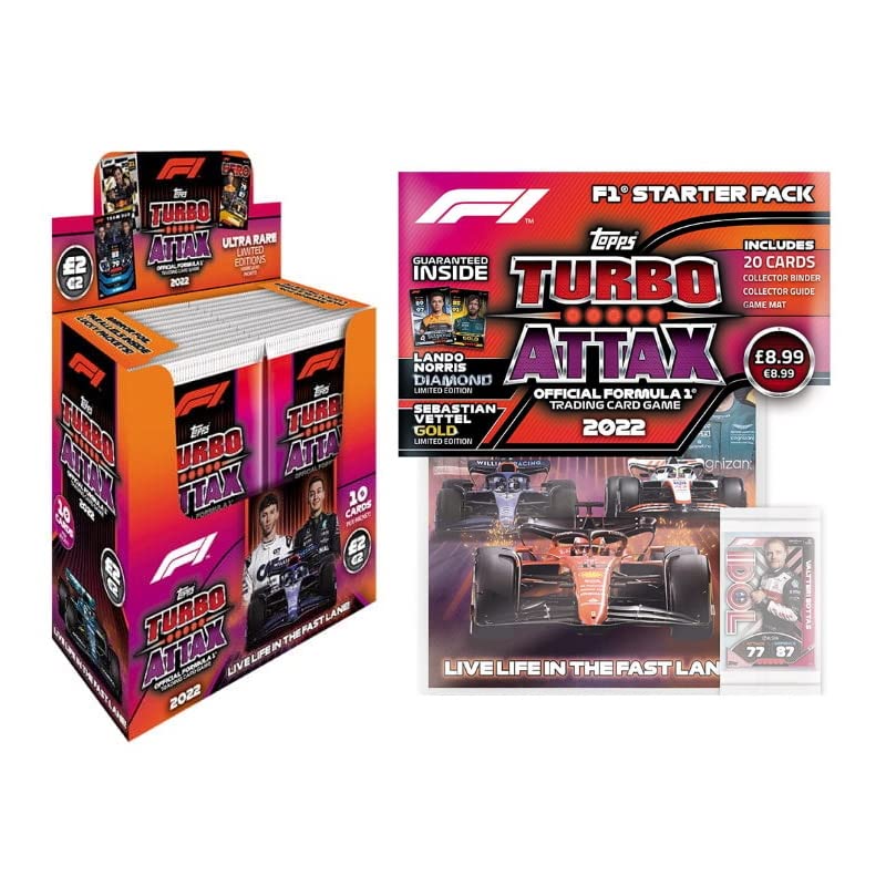 2022 Topps Formula 1 Turbo Attax Trading Cards Starter Pack Bundle - 24-Pack Box with Album Binder, 260 Cards (Includes 9 Strategy Cards, Giant Verstappen, Lando Norris Limited Edition & Gold Sebastian Vettel) - Perfect for F1 Fans, Collectors and Card Game Enthusiasts