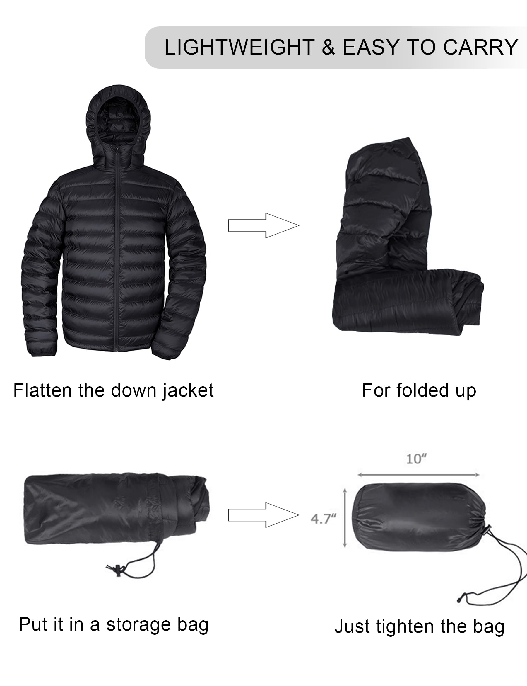 Men's Lightweight Water-Resistant Packable Down Puffer Jacket with Hood - Warm Insulated Winter Coat for Outdoor Activities, Hiking & Travel