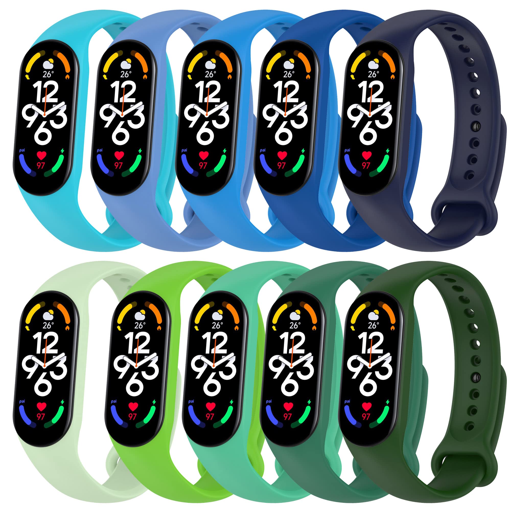10-Pack Soft Silicone Solo Loop Replacement Bands for Xiaomi Mi Band 9/8/7 - Sport Wristbands for Men & Women - Blue & Green Series - Perfect for Fitness Tracking, Running & Daily Wear