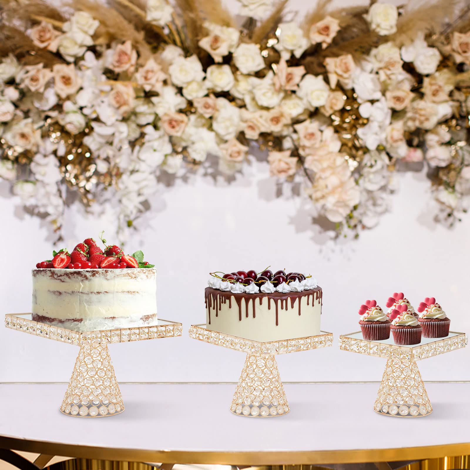3-Piece Gold Cake Stand Set with Mirror Finish & Crystals - Elegant Cupcake Holders for Dessert Display - Perfect for Birthday, Wedding & Party Decorations (Ideal for Candy Buffets, Tea Parties & Special Events)