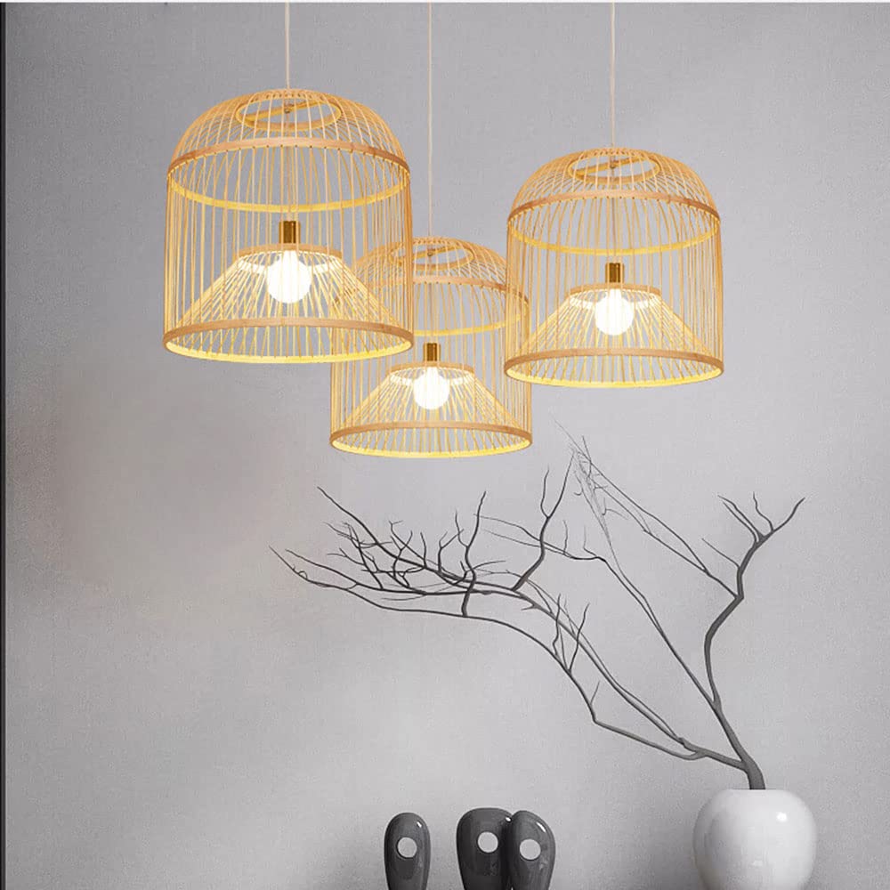 Handwoven Bamboo Pendant Light - Japanese Style Natural Lantern Chandelier with Wire Cage for Kitchen Island, Cafe, Bar & Restaurant | Industrial Lighting Fixture for Dining Room, Patio & Home Decor