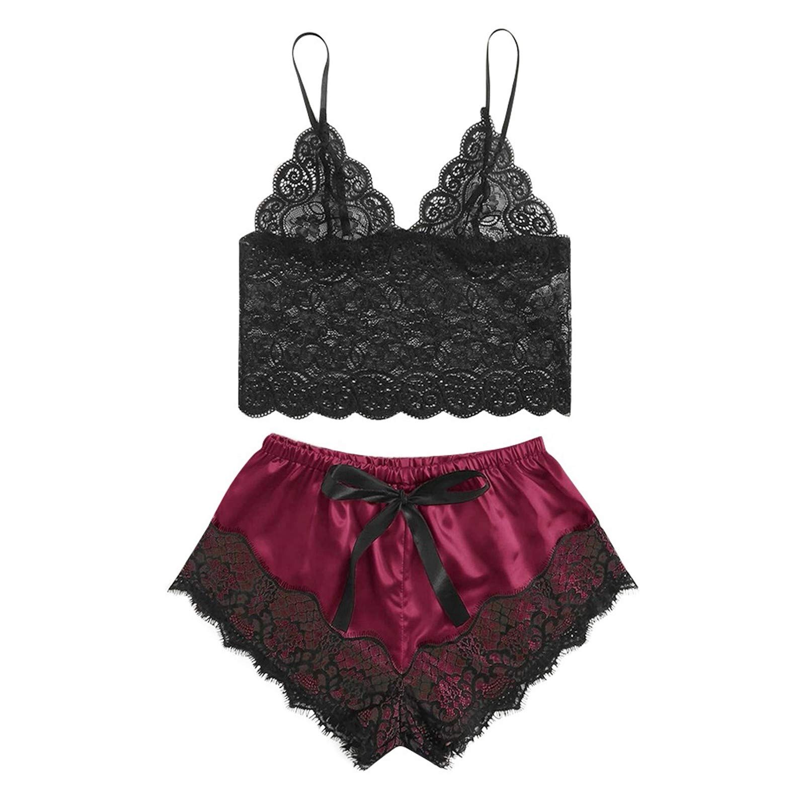 Sexy Satin Pajama Set for Women - 2 Piece Lingerie Sleepwear with Sheer Panties & Shorts - Comfortable Silky Pajamas for Lounge, Sleepwear, and Romantic Nights - #21 Wine Red