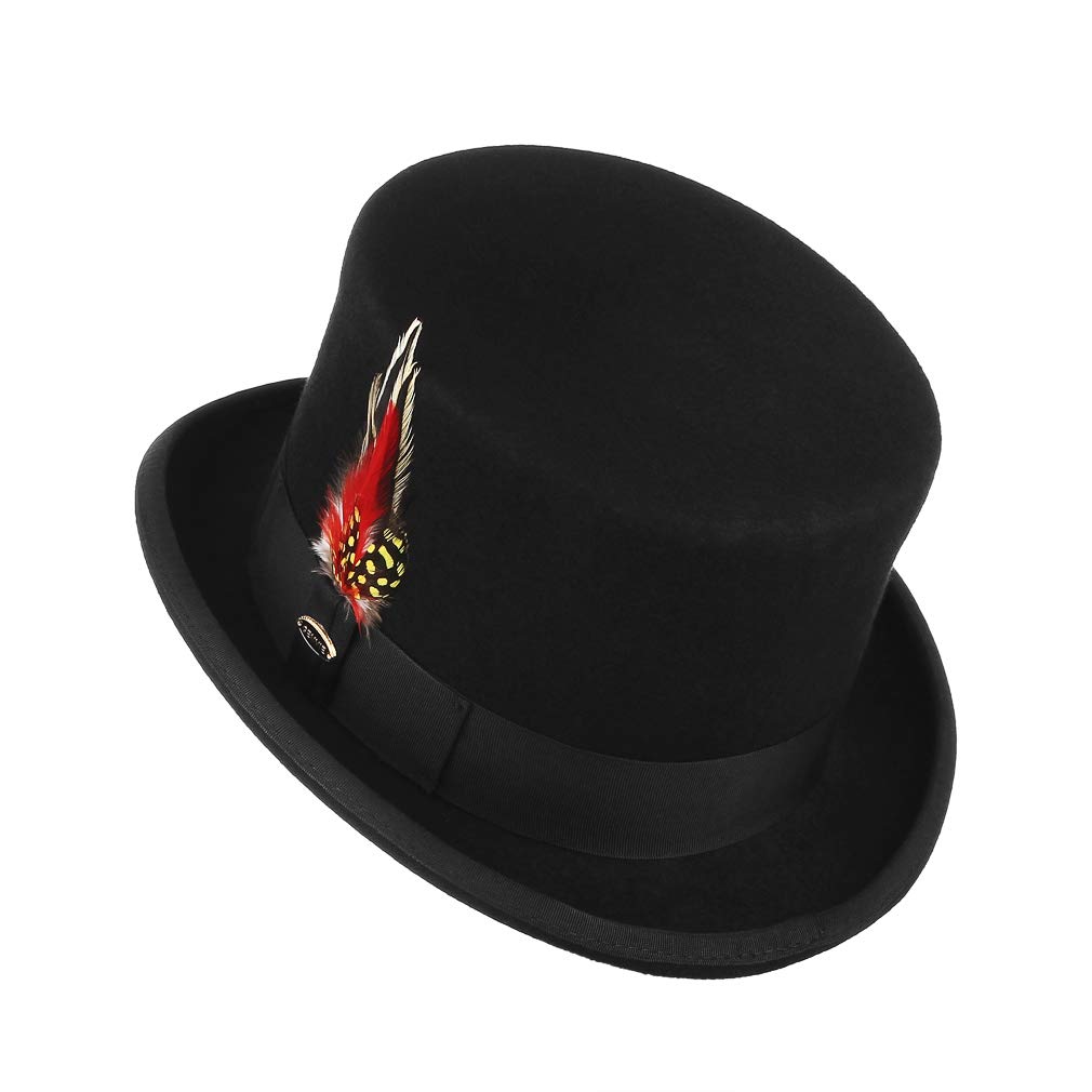 GEMVIE Men's 100% Wool Top Hat with Feather - Mad Hatter Style Satin Lined Low Top Hat for Magic Shows, Cosplay, and Victorian Costume Parties