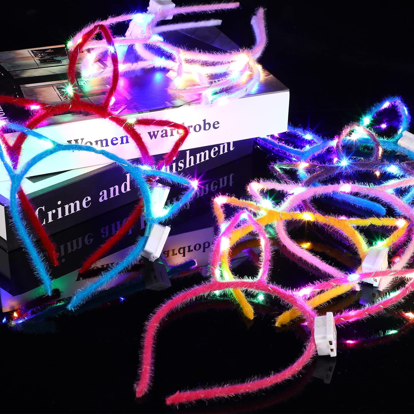64 Pcs LED Glow in the Dark Headbands - 16 Cat Ears, 16 Rabbit Ears, 16 Unicorn Horns & 16 Cow Horns - Light Up Party Accessories for Women & Girls - Perfect for Valentine's Day, Halloween, Raves, Concerts & Costume Parties