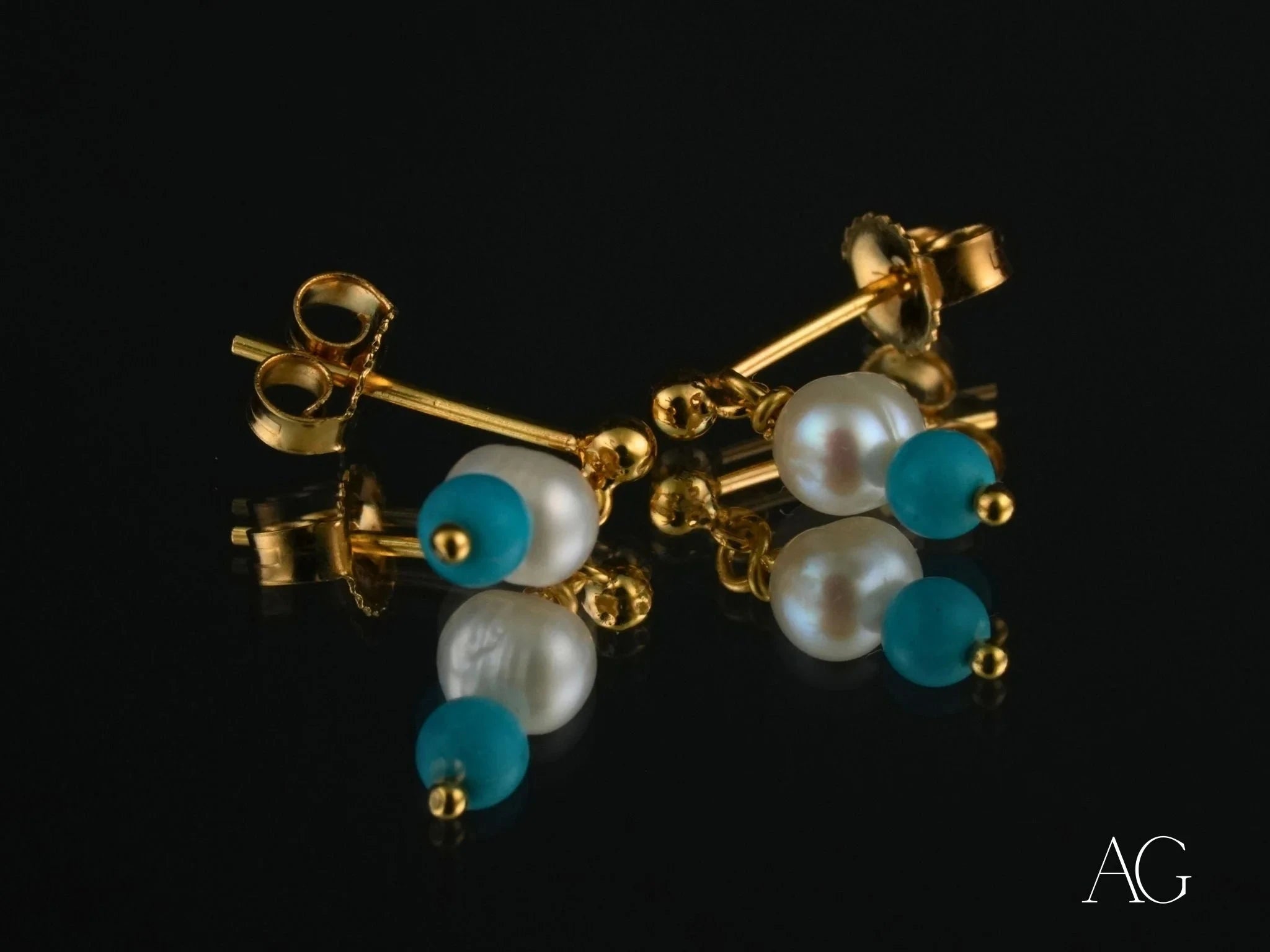 18k Gold Pearl and Turquoise Earrings - Elegant Dangle Jewelry for Women | Perfect for Weddings, Parties & Special Occasions