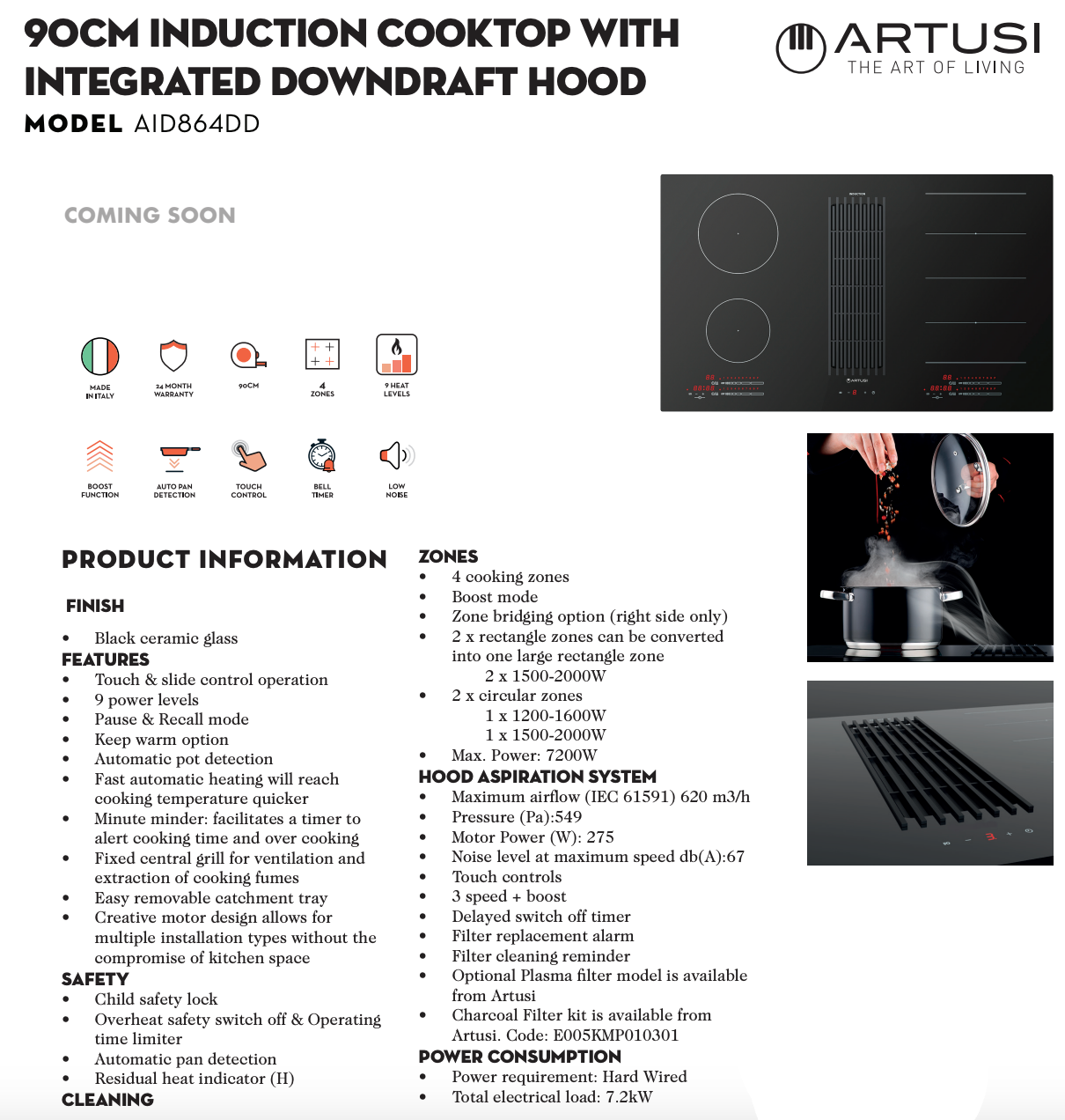 Artusi AID864DD 86cm 4 Zone Built-In Induction Cooktop with Integrated Extraction System - Black | Professional Kitchen Appliance for Home Chefs & Restaurants