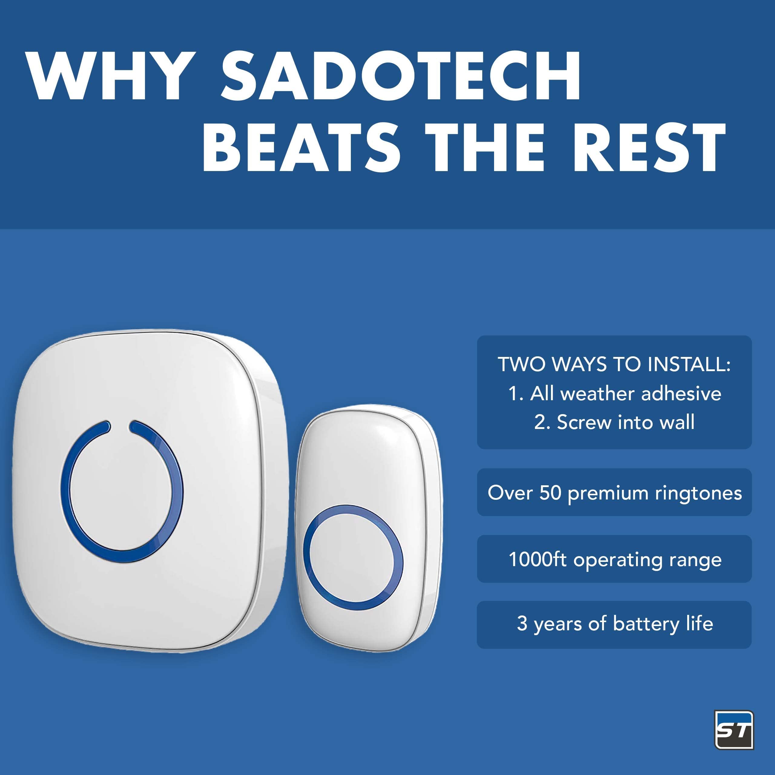 SadoTech Wireless Doorbell for Home - Battery Operated, 1000ft Range, LED Flash Alert, 1 Push Button & 2 Receivers, Matte Black - Perfect for Apartments, Houses & Offices