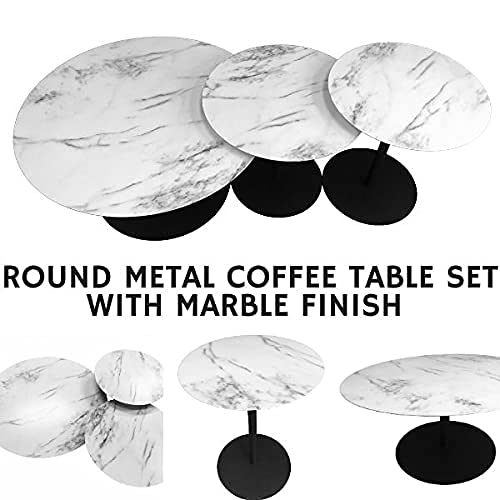 3-Piece Round Metal Coffee Table Set with Marble Finish Top & Black Powder Coated Frame (18