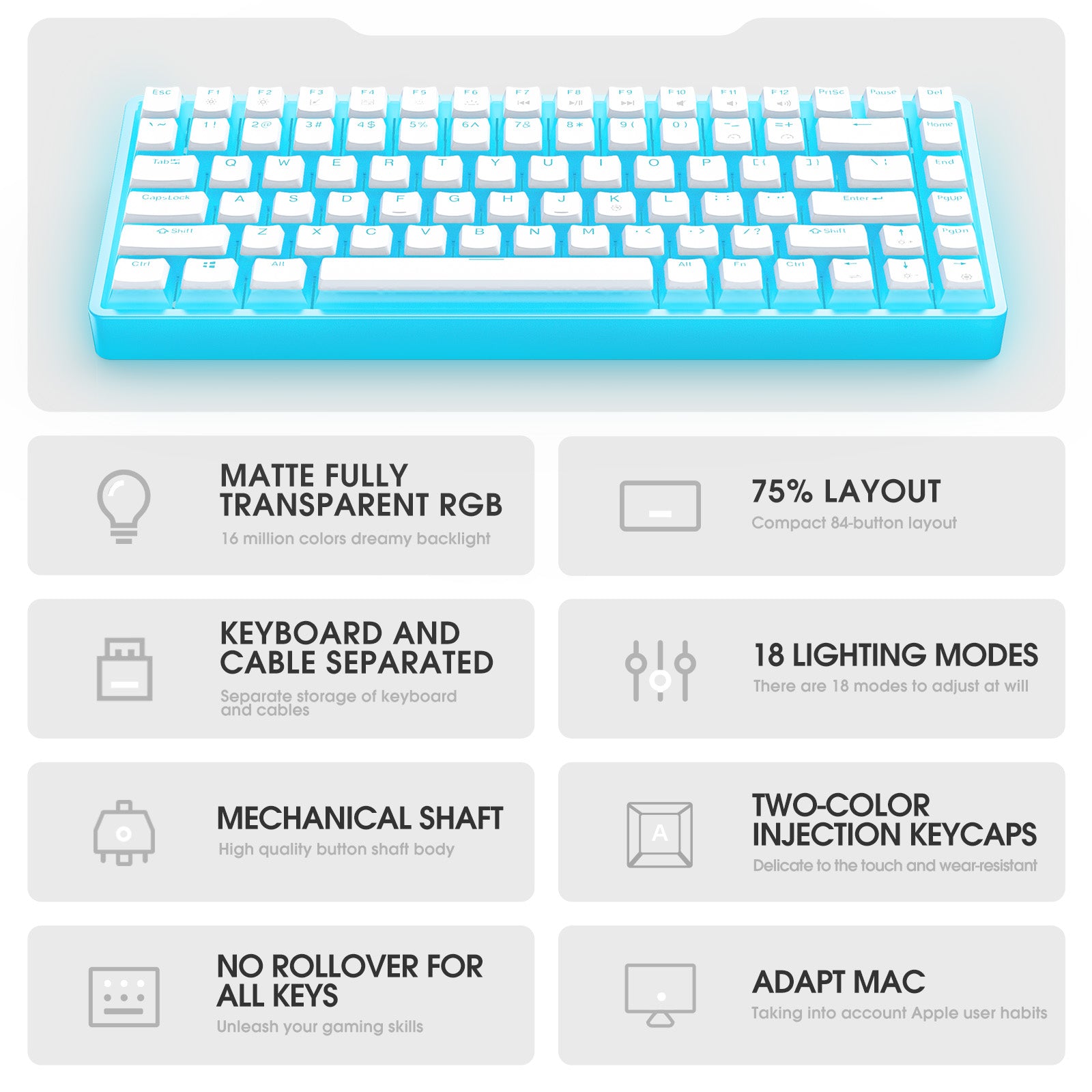 ONIKUMA G30 Wired Mechanical Gaming Keyboard - 84 Keys, RGB Backlit, USB Interface, White | Perfect for PC Gaming, Typing & Office Work
