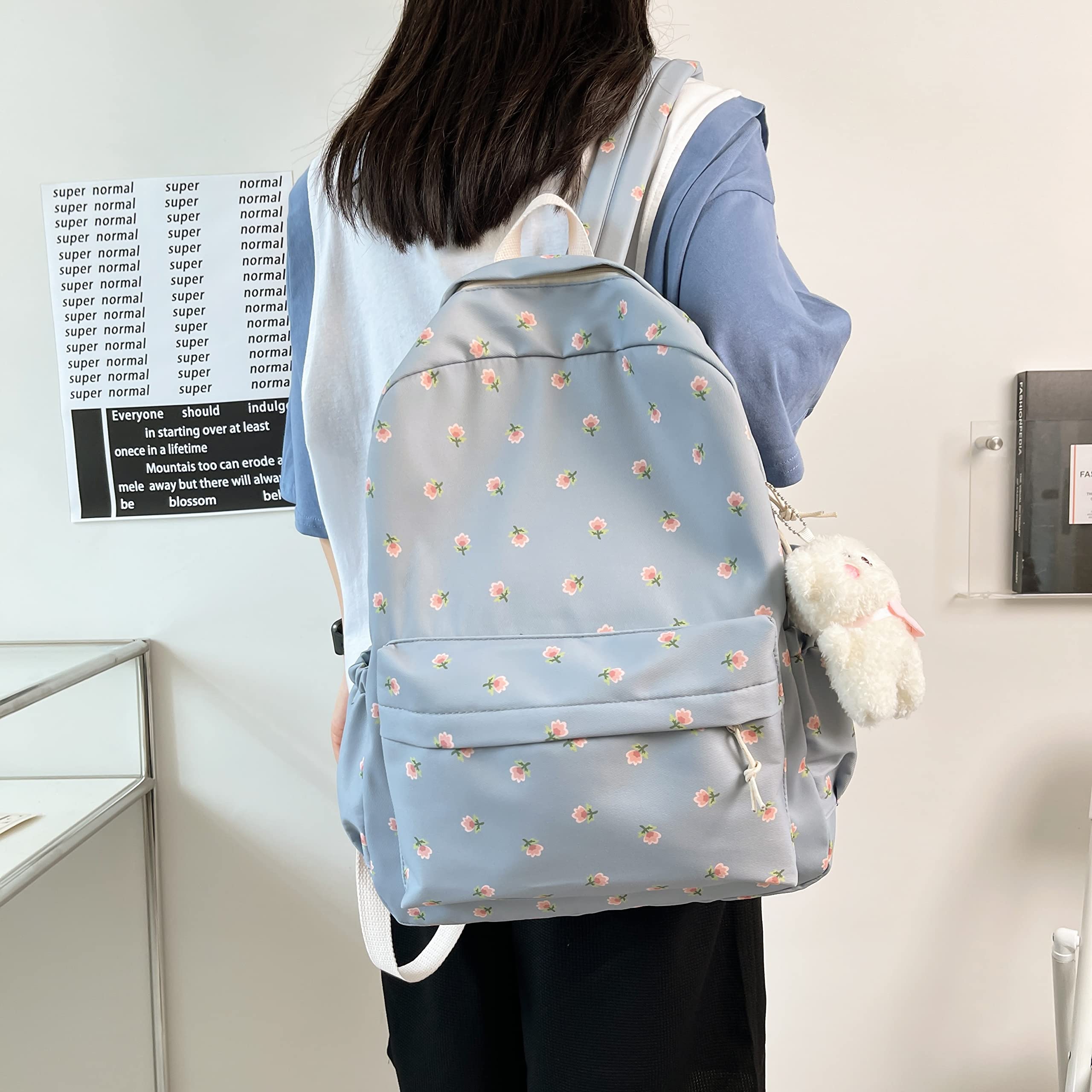 Kawaii Floral Backpack With Pendant - 16.1 Inch Aesthetic Cute Classic Casual Laptop Backpack for Women & Teens (Blue) | Perfect for School, Travel & Everyday Use