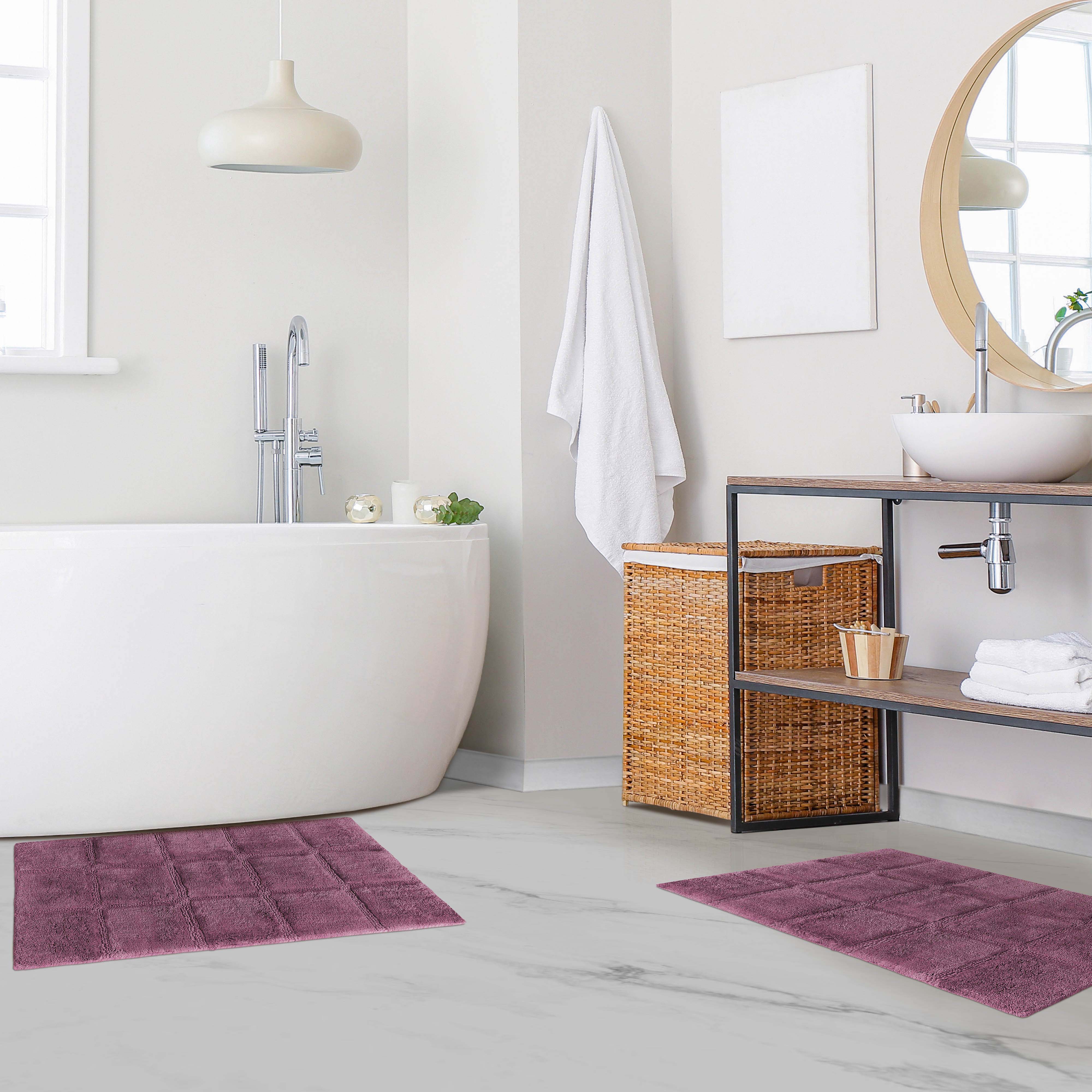 Premium 2-Piece Cotton Bath Rug Set - Soft, Non-Slip Checkered Design for Bathroom Safety and Comfort - Perfect for Bathroom, Shower, and Vanity Areas