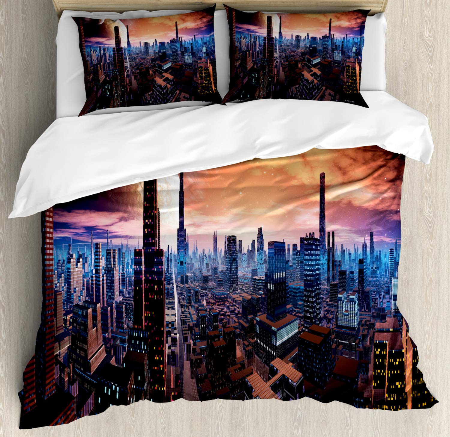 Ambesonne Futuristic Cityscape Duvet Cover Set - Sci-Fi Inspired Design with Planets & Distant Worlds, 2-Pack Queen Size Bedding (Orange, Blue, Cinnamon) - Includes 2 Duvet Covers & 4 Pillowcases - Perfect for Sci-Fi Lovers' Bedrooms & Themed Guest Rooms