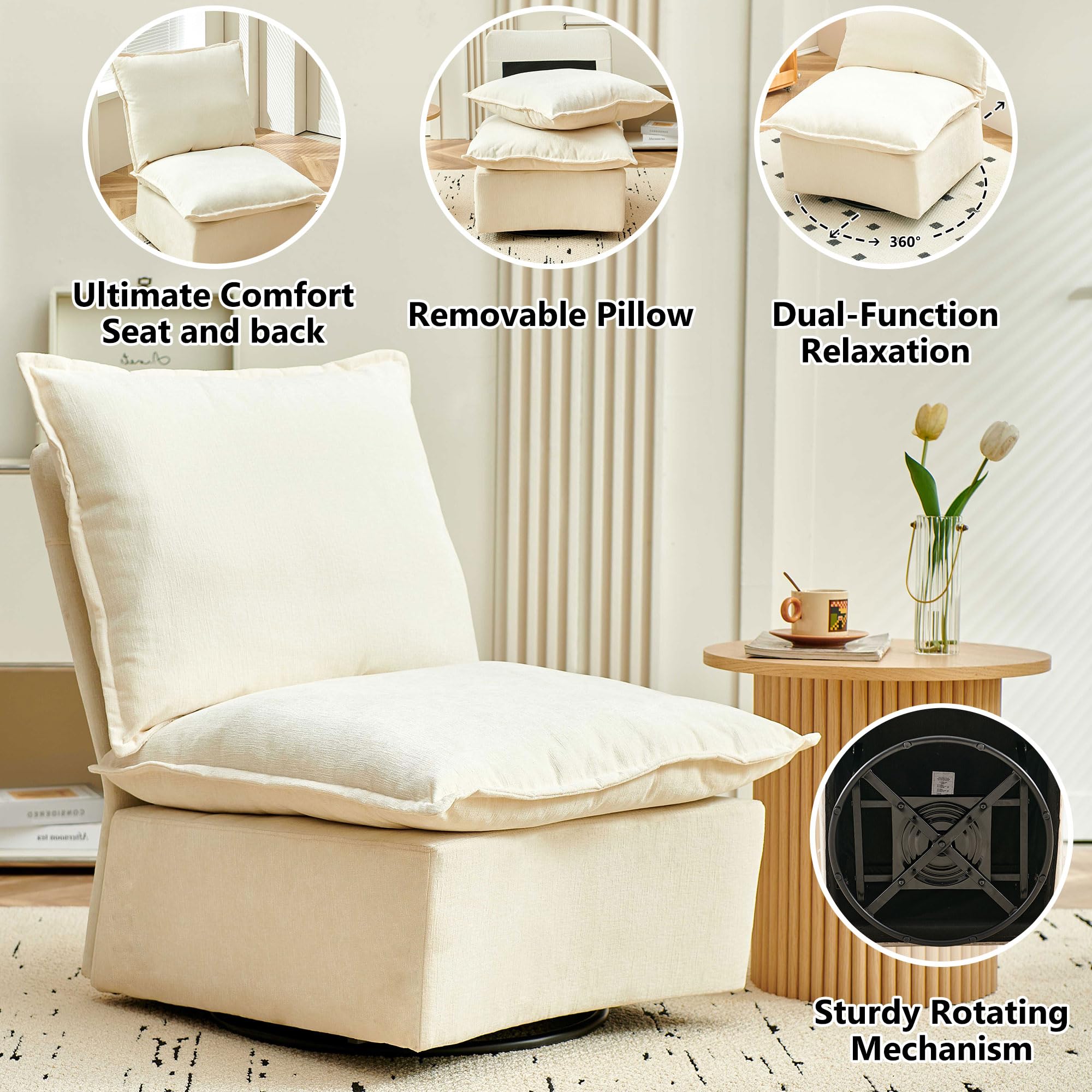 360-Degree Swivel Accent Chairs Set of 2 - Modern Barrel Rocking Chairs with Smooth Rotation for Living Room, Bedroom & Office - Ivory White Upholstered Lounge Chairs - Perfect for Reading Nooks, Conversation Areas and Small Spaces