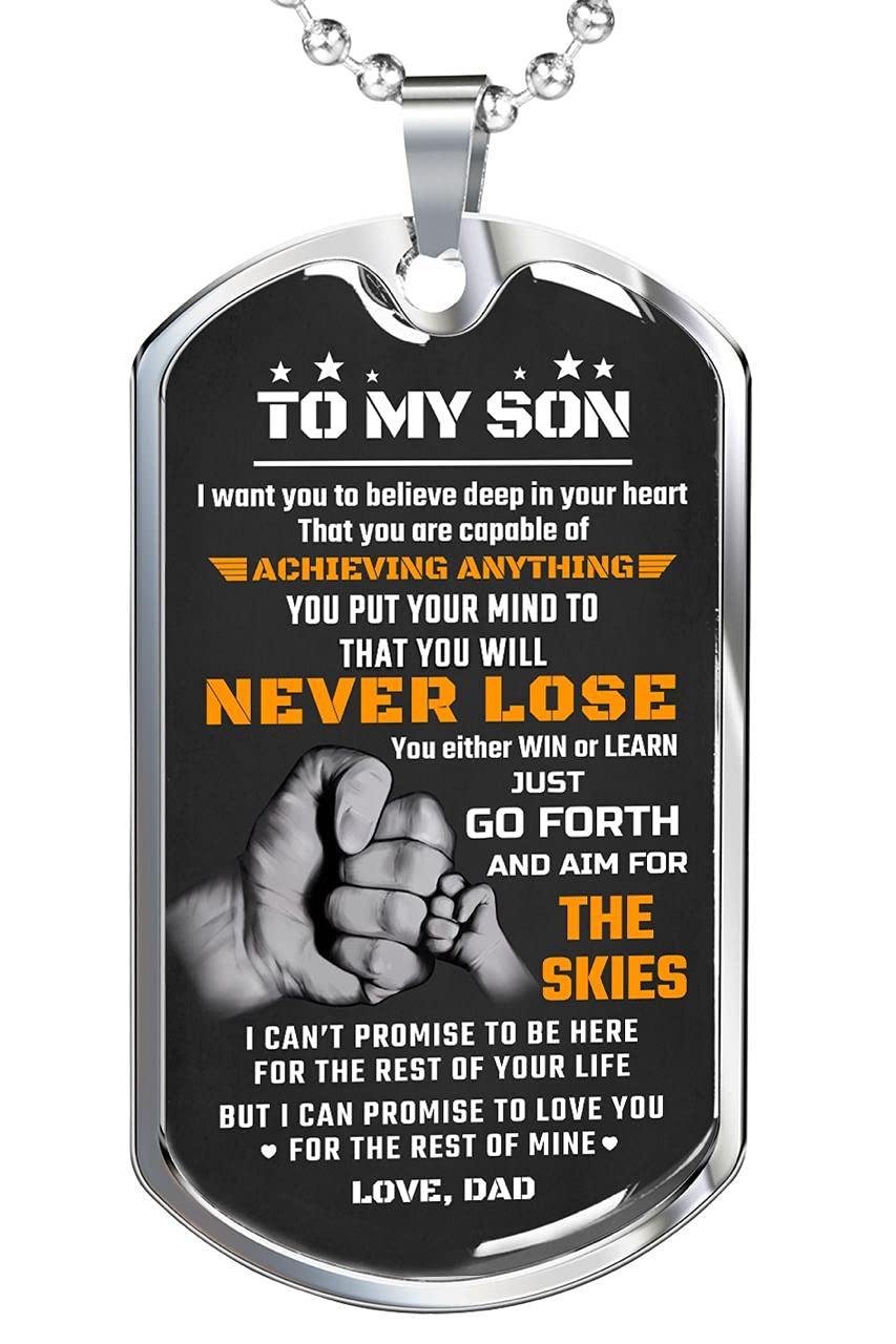 Luxury Military Dog Tag Necklace for Dad - Sentimental Birthday Gift from Mom with Empowering Quotes - Timeless Keepsake for Long Lasting & Durable Wear - Perfect for Father's Day, Anniversary, or Military Appreciation - Fist Bump Design with 