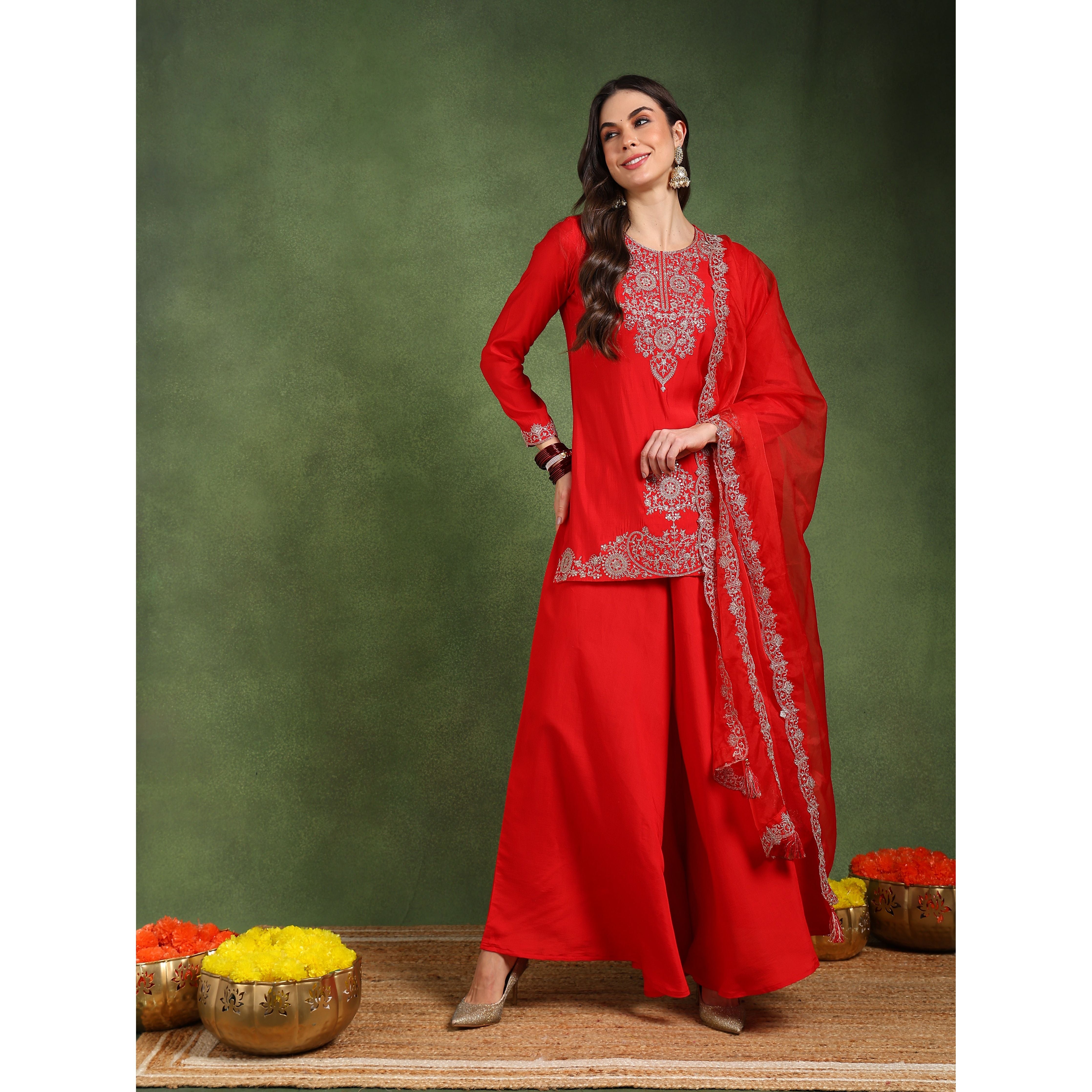 Elegant Red Silk Blend Embroidered Kurta Set for Women | Traditional Indian Ethnic Wear | Perfect for Festivals, Weddings & Special Occasions
