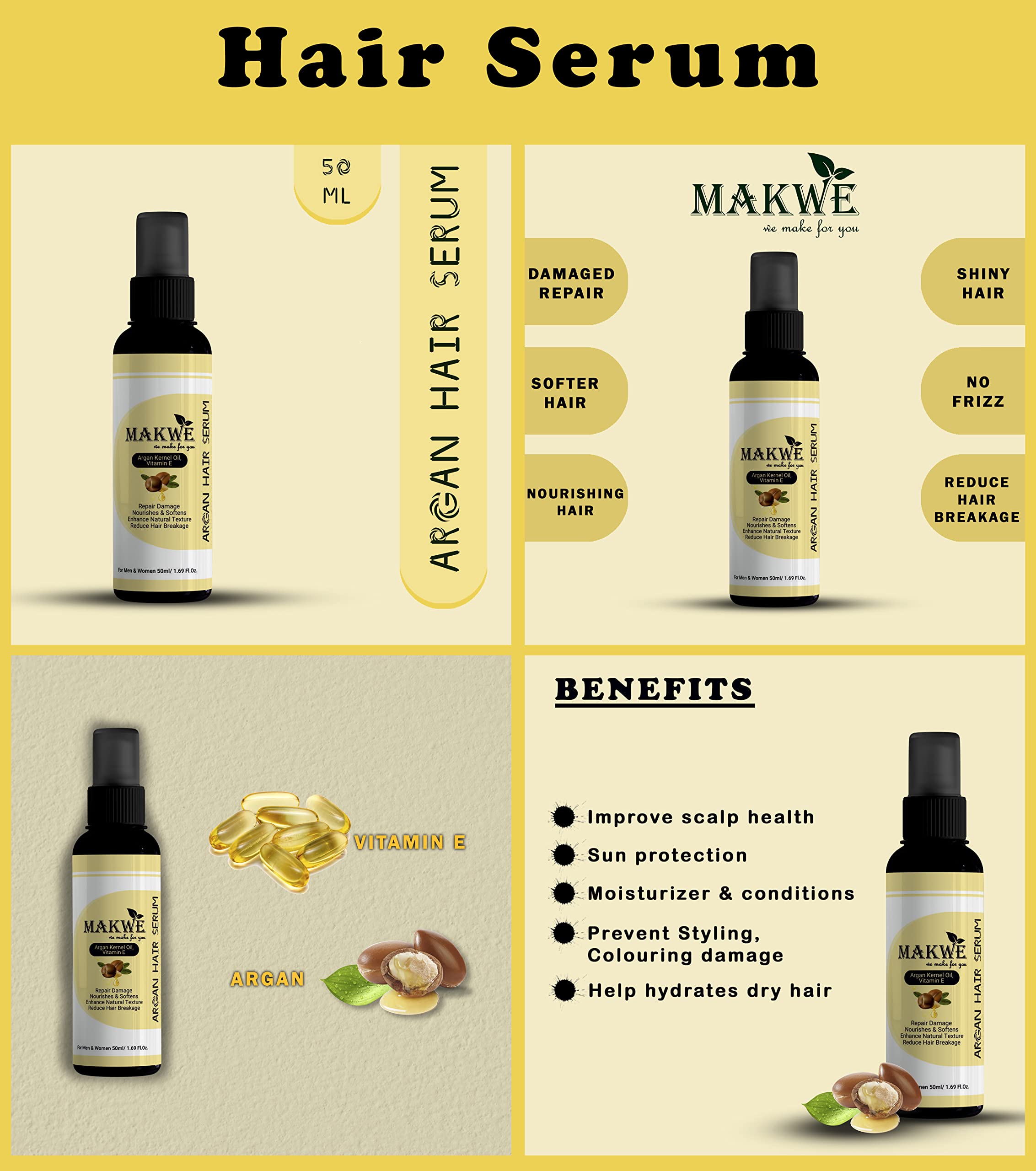 MAKWE Skin Science Vitamin E & B5 Shampoo with Argan Oil Hair Serum - Ultimate Hair Care 2 Piece Set for Dry, Damaged Hair | Deep Hydration & Repair for Shiny, Healthy Locks | Perfect for Daily Use & Salon-Quality Results at Home