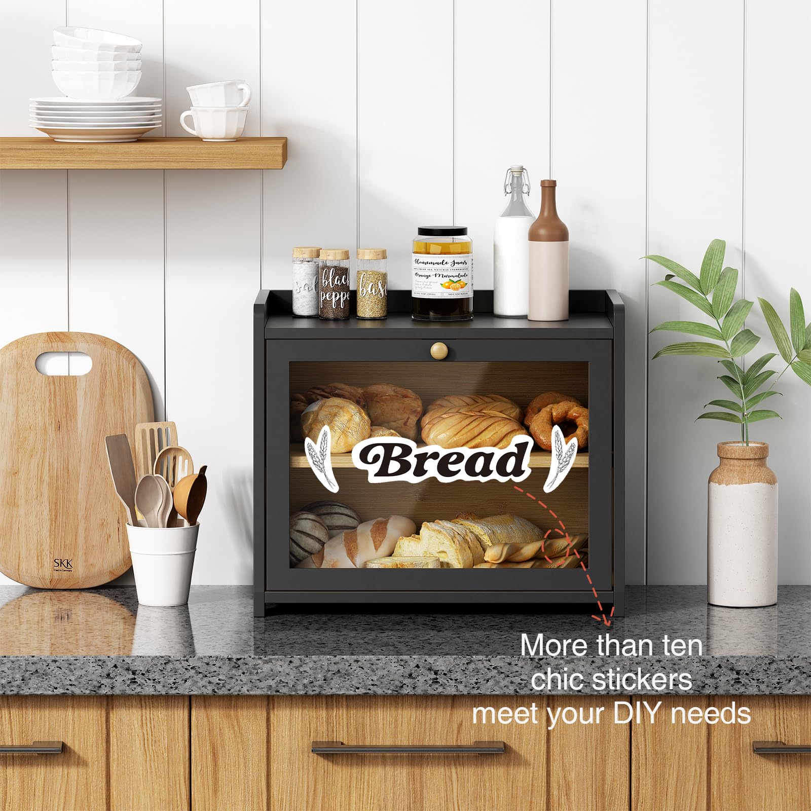 Black Wooden Bread Box for Kitchen Countertop - Large Farmhouse Bread Storage Container for Homemade Bread, Bread Organizer for Cabinet, Pantry & Cupboard - Perfect for Rustic Kitchens & Baking Enthusiasts