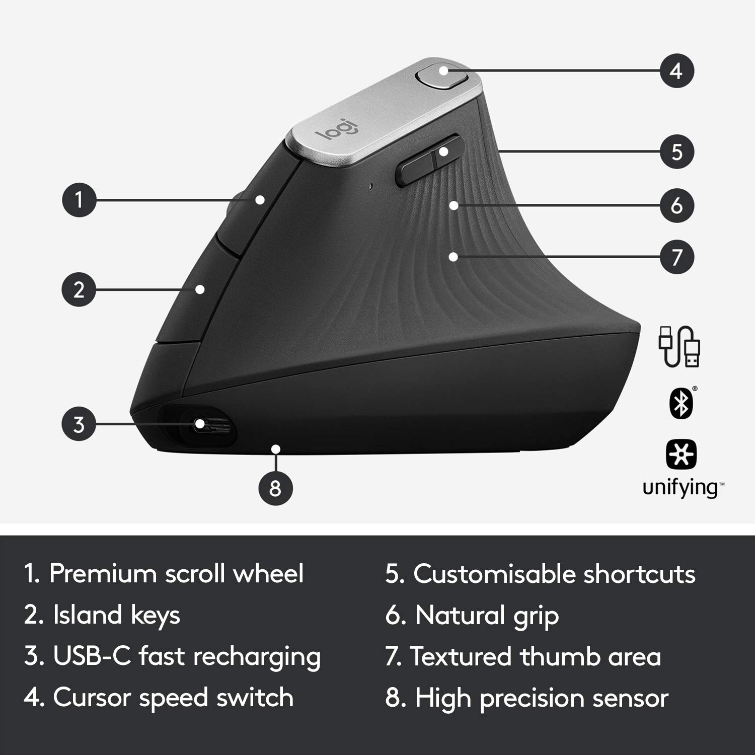 Logitech MX Vertical Wireless Ergonomic Mouse - Rechargeable Bluetooth Mouse for Windows & Mac, Reduces Wrist Pain & Muscle Strain - Perfect for Office Work, Graphic Design & Long Computing Sessions