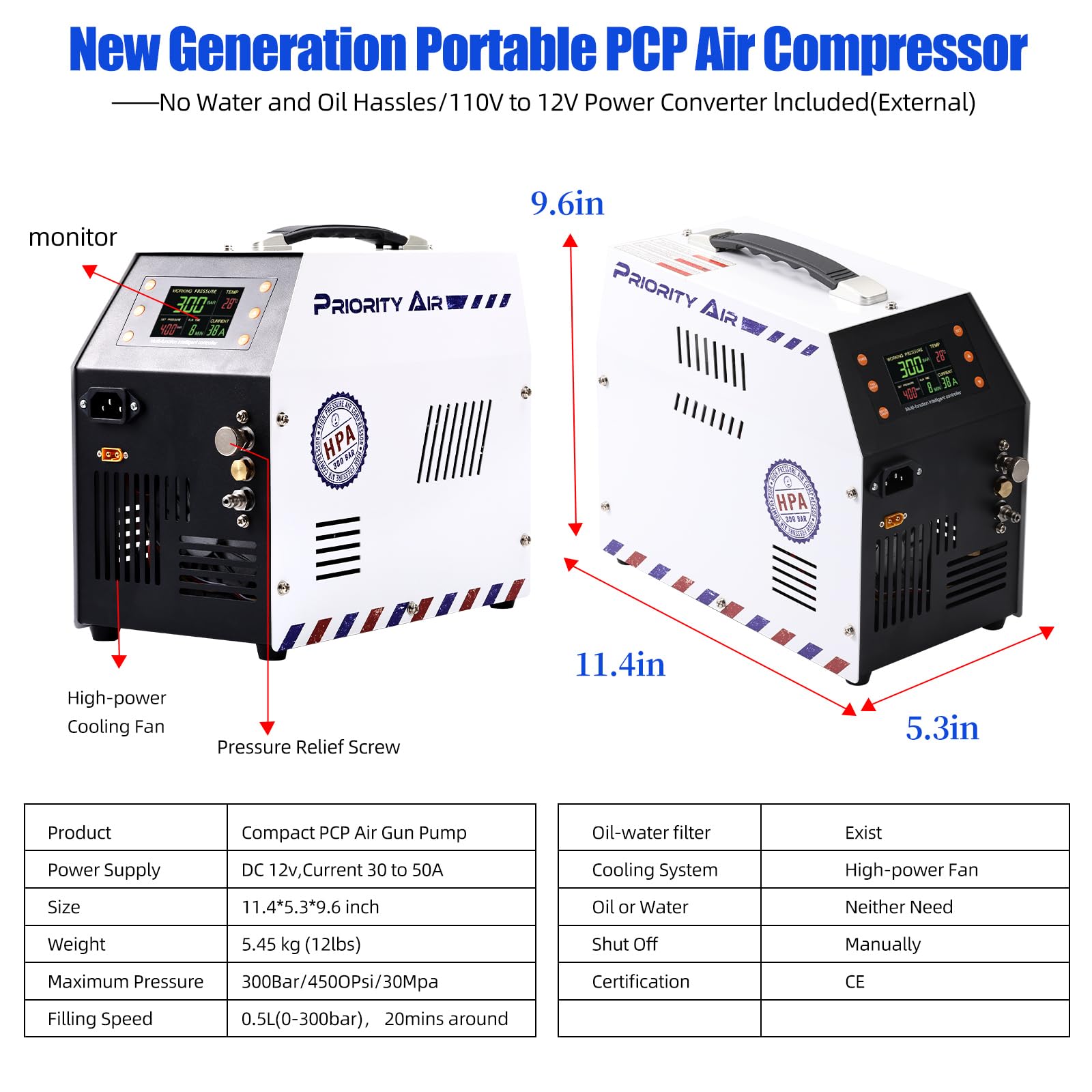 12V 300Bar 4500PSI/30MPA Oil-Free PCP Air Compressor with LCD Display & Built-in Power Adapter - Portable High Pressure Air Pump for PCP Rifles, Scuba Tanks, Paintball & Airsoft Guns - Perfect for Hunting, Diving & Outdoor Sports