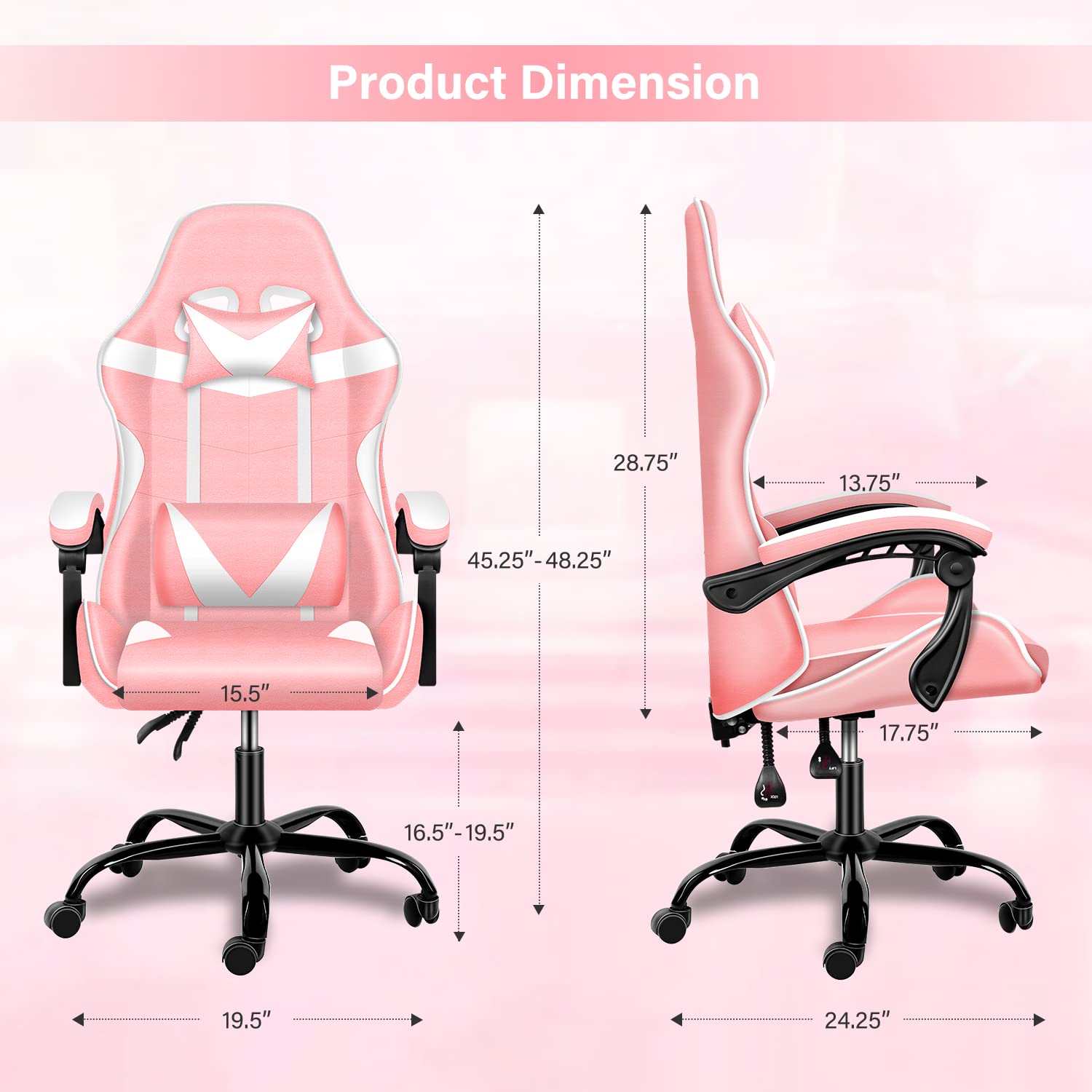 Pink Gaming Chair for Big and Tall Gamers - Racing Style Ergonomic Office Chair with Adjustable Height, Swivel, Headrest & Lumbar Support - Perfect for PC Gaming, Streaming & Home Office Setup