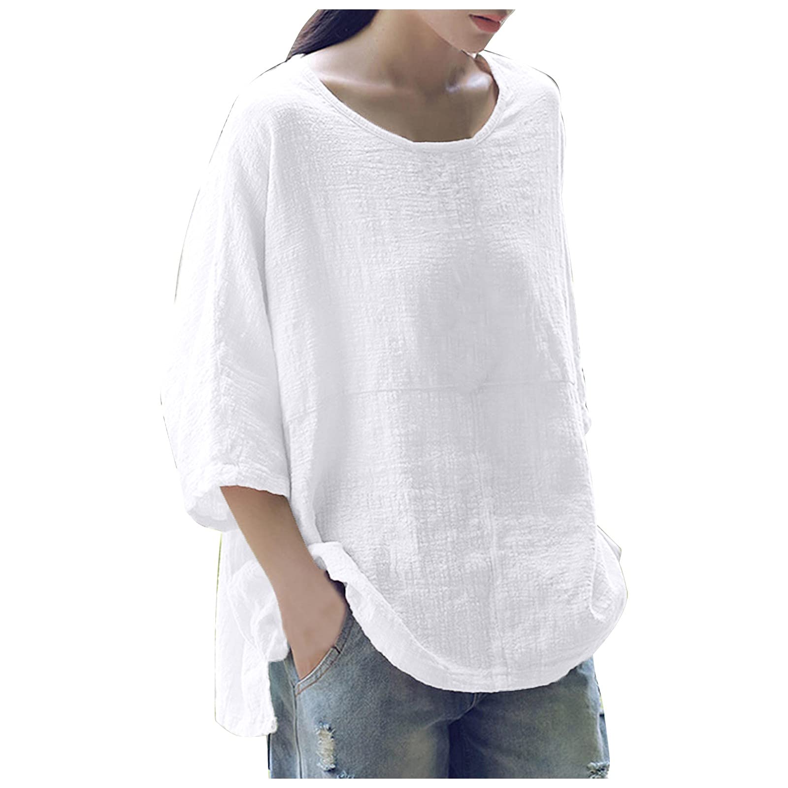 Stylish Women's Casual Solid Color Loose Cotton Linen Medium Sleeve Blouse - Trendy Plus Size Tops S-5XL for Work, Party & Everyday Wear