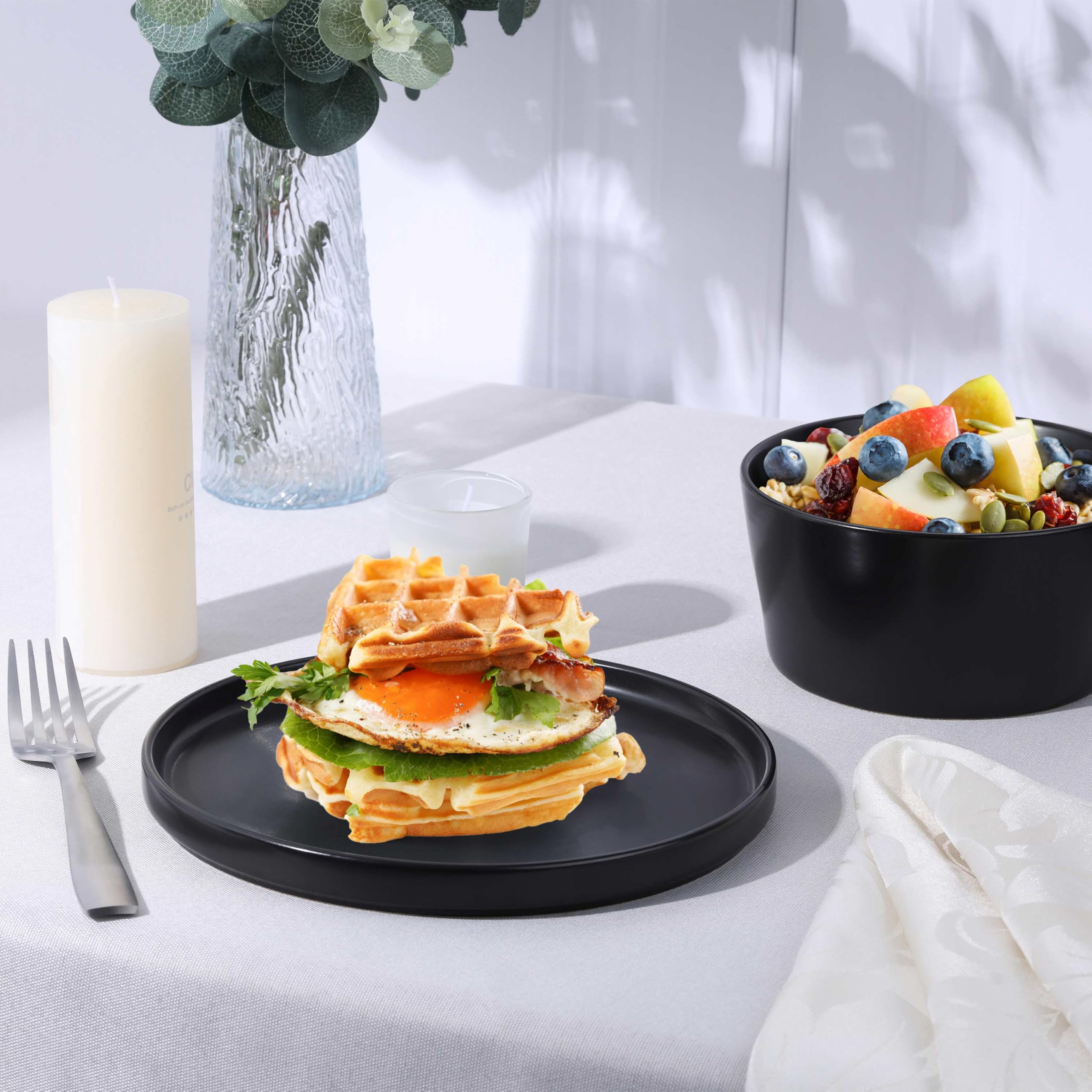 Herogo 18-Piece Stoneware Dinnerware Set for 6, Includes Dinner Plates & Bowls, Reactive Glaze Kitchen Dishes - Chip Resistant, Microwave & Dishwasher Safe, Matte Black - Perfect for Family Dinners, Restaurants, and Entertaining Guests