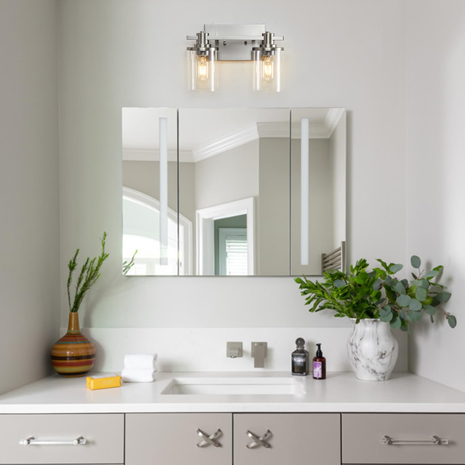 DADUL 2-Light Brushed Nickel Bathroom Vanity Light Fixture with Clear Glass Shade - Modern Wall Sconce for Bathroom Mirror Lighting - Perfect for Bathroom, Powder Room, and Dressing Room Vanity Makeup Area