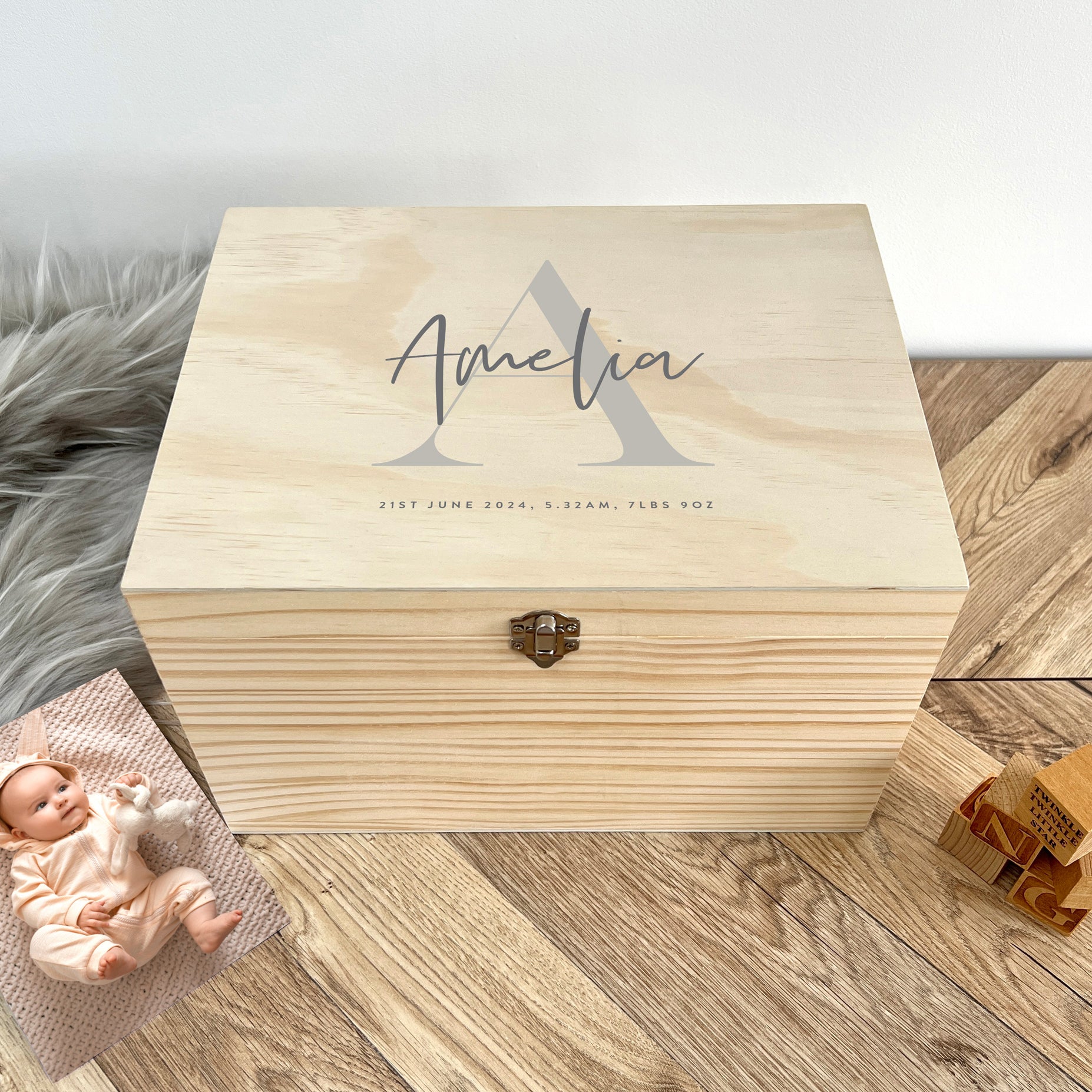 Personalized Baby Keepsake Box with Name & Initial - 5 Sizes (16cm, 20cm, 26cm, 30cm, 36cm) - Custom Newborn Gift, Nursery Decor, Memory Box for First Photos & Milestones