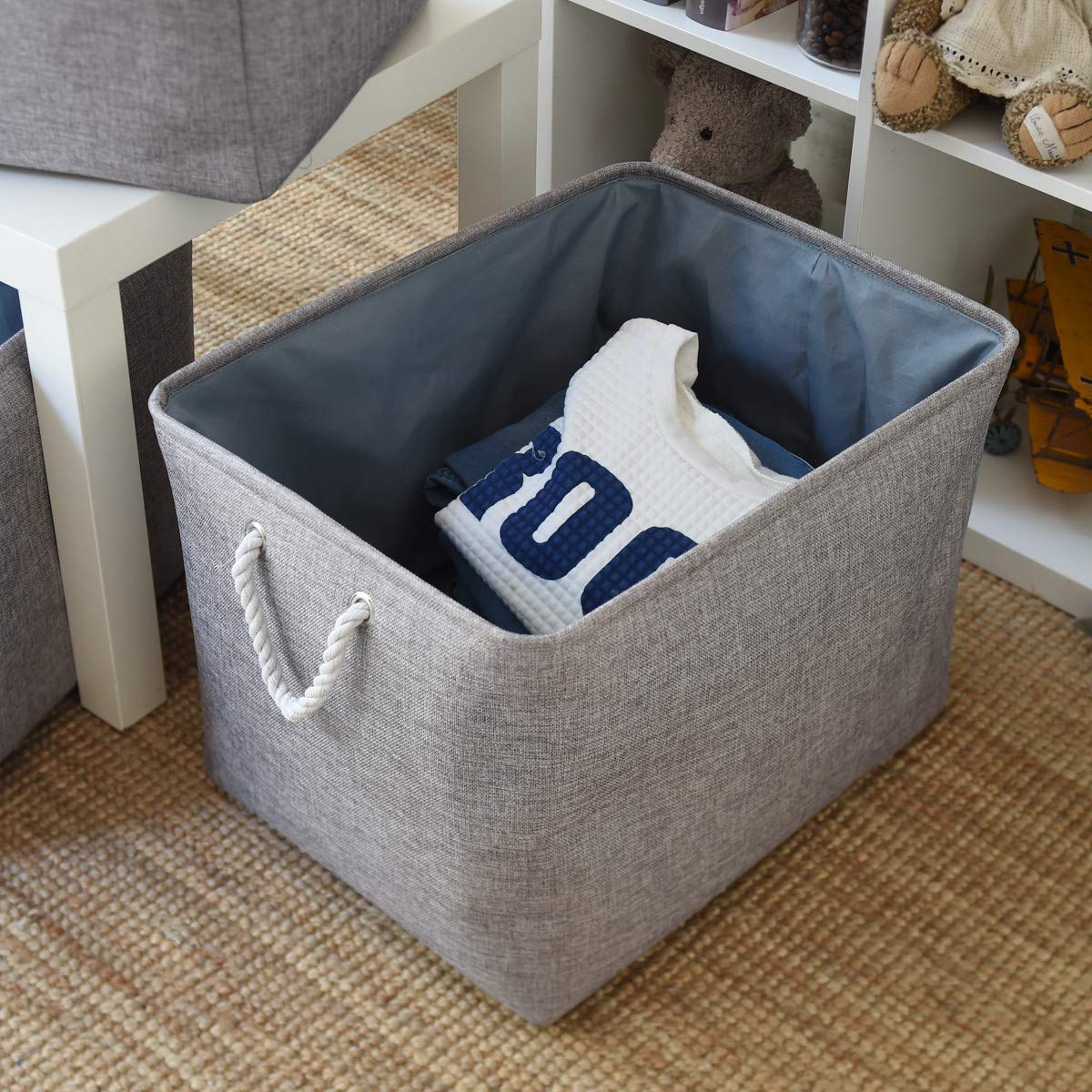 Fabric Storage Basket with Rope Handles - Large Organizer for Bedroom, Bookshelves & Coffee Table (15.7