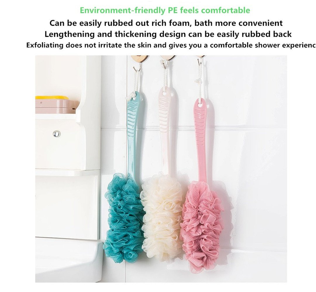 3 Pack Long Handle Bath Brush with Nylon Mesh - Exfoliating Body Back Scrubber for Men & Women - Soft Shower Brush in Blue, Pink & White - Perfect for Deep Cleansing & Skin Renewal in Bath or Shower