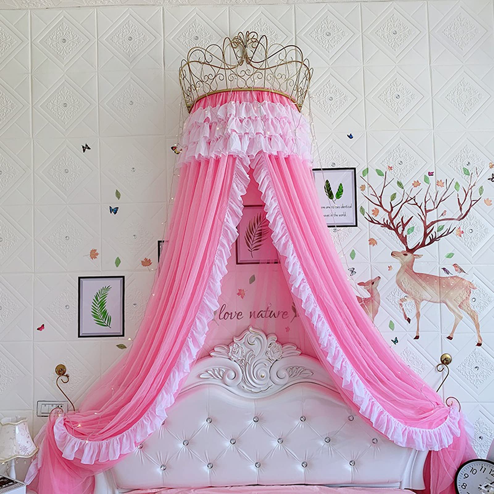 DSHOME Golden Crown Lace Princess Bed Canopy with Lights - Romantic Double Layer Lace Curtain for Girls Bedroom (Pink, 4ft/5ft) - Perfect for Birthday Decorations, Fairy Tale Bedroom Themes & Sleepover Parties