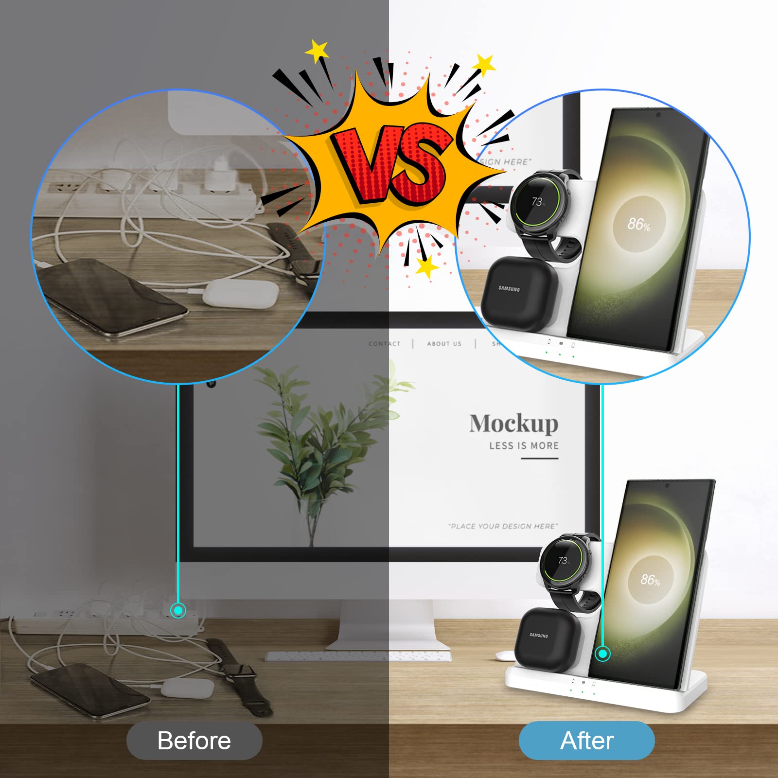 3-in-1 Fast Wireless Charger for Samsung Galaxy S24 Ultra/S24+/S23 Ultra/S22 Ultra/Z Fold 4/Flip 4 & Watch 5/5 Pro/4 & Buds - White | Multi-Device Charging Station for Home, Office & Travel