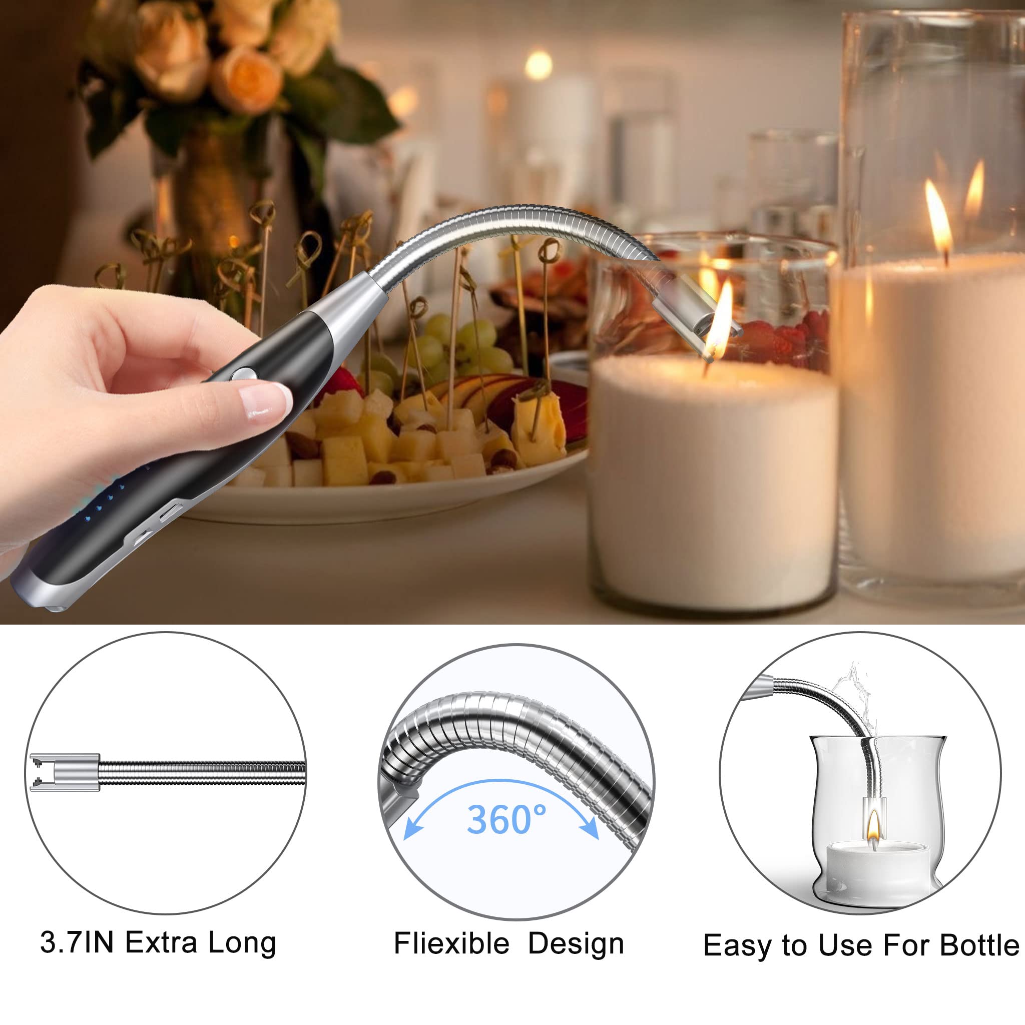 Rechargeable USB Plasma Arc Candle Lighter with LED Flashlight & Battery Display - Electric Long Neck Lighter for Candles, Camping, BBQ, Fireplace & Home Use