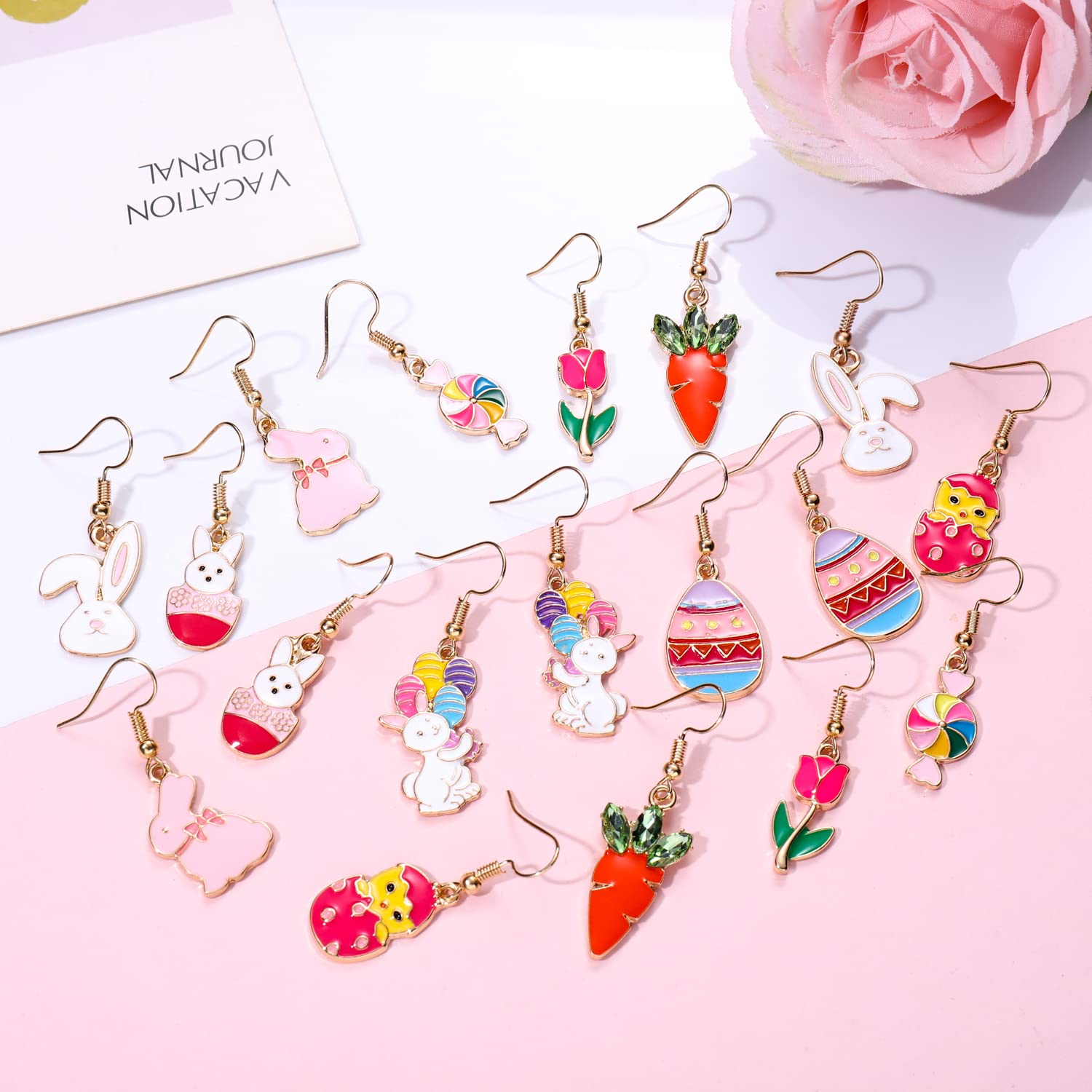 12 Pairs Easter Bunny Drop Earrings for Women - Colorful Enamel Rabbit Dangle Earrings with Egg Designs - Cute Easter Jewelry Gift Set for Party, Easter Egg Hunt & Spring Festival Accessories