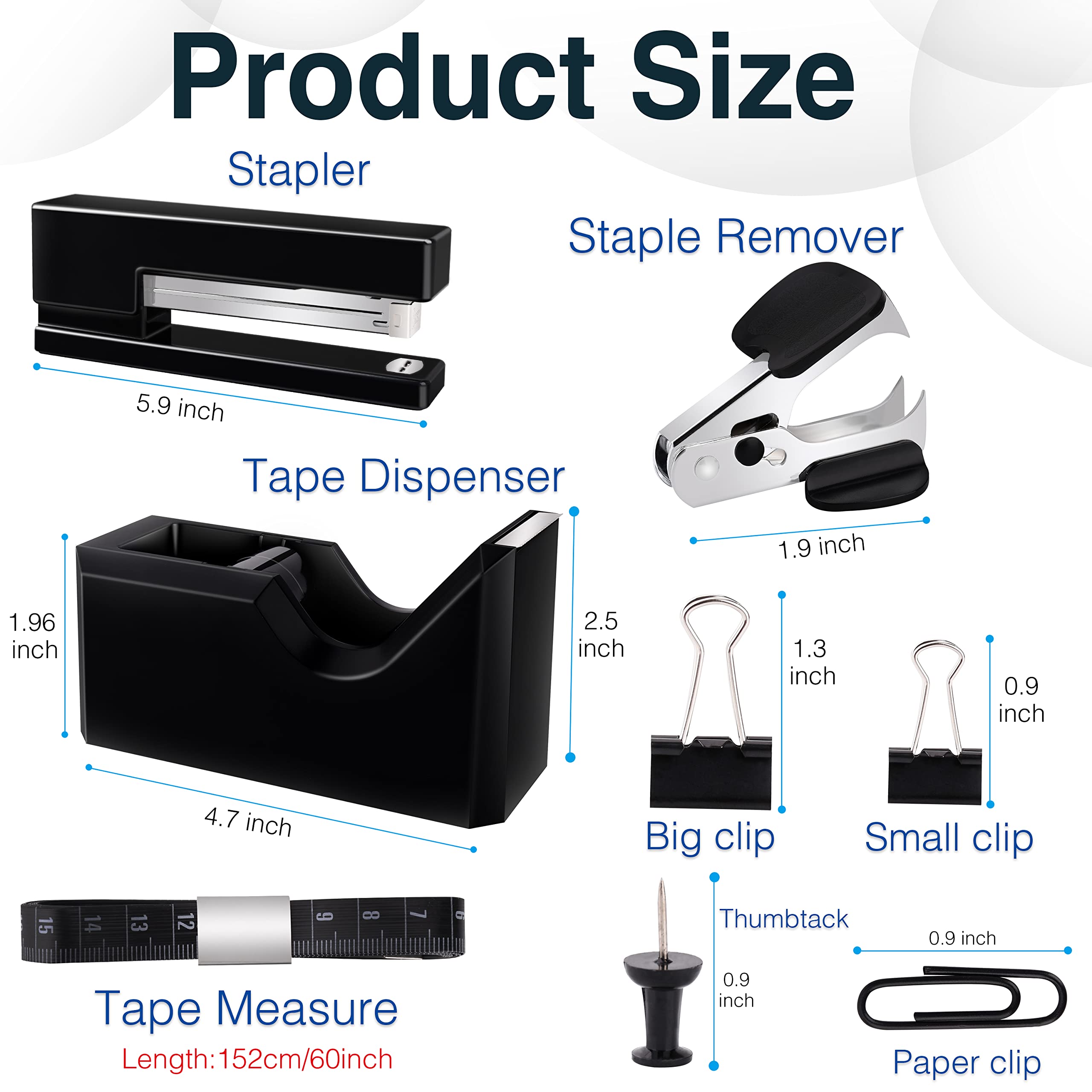 Premium Black Office Supplies Desk Organizer Kit - Includes Stapler, Tape Dispenser, Staple Remover, 1000 Staples, Measuring Tape & 72-Piece Accessories - Perfect for Home Office, School & Workplace Organization