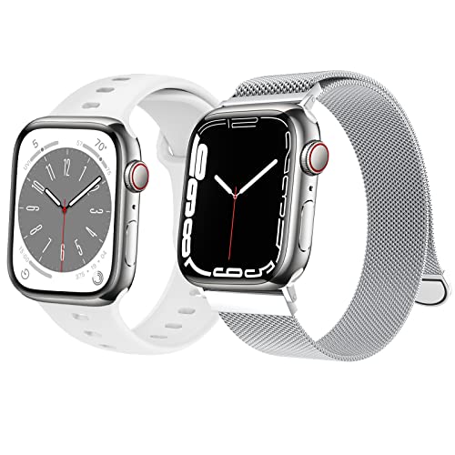2 Pack Apple Watch Bands Compatible with Series 8/7/6/5/4/3/2/1/SE - 38mm 40mm 41mm 42mm 44mm 45mm Magnetic Milanese Loop & Soft Silicone Sport Band for Women & Men - Perfect for Workouts, Office & Everyday Wear