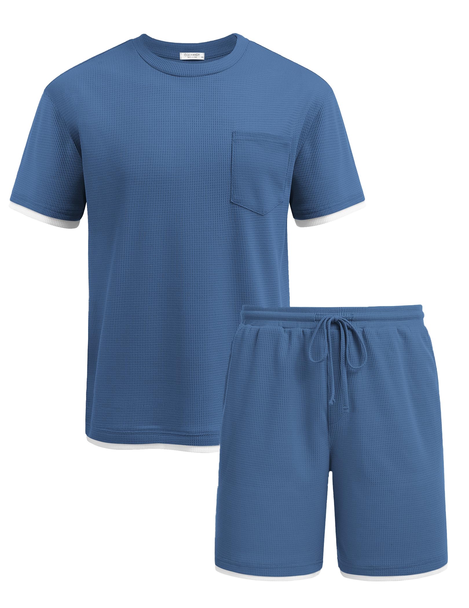 COOFANDY Men's Waffle Knit Shirt and Shorts 2-Piece Lounge Set - Breathable Summer Casual Outfit with Pockets for Home, Gym, and Outdoor Activities