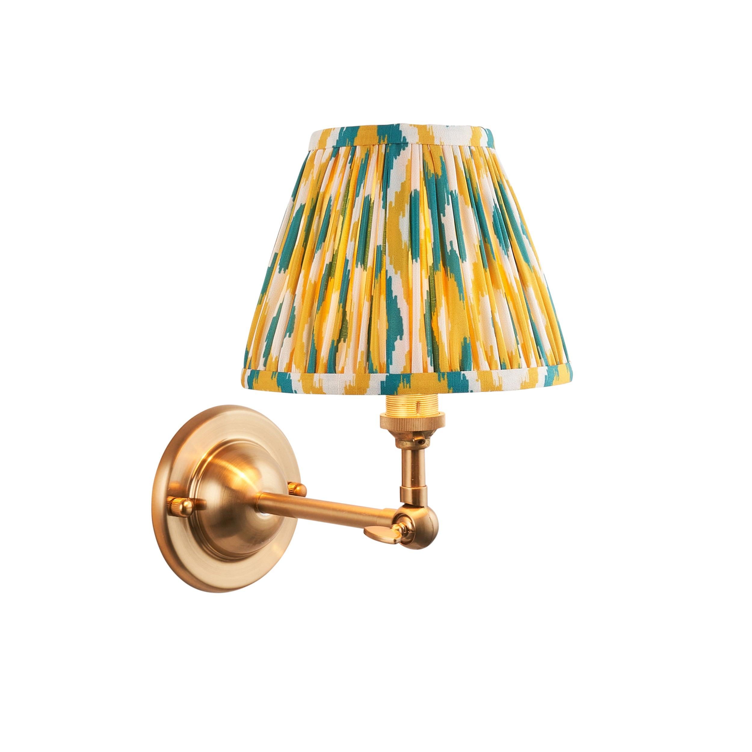 Vintage Dome Wing Brass Wall Light with Ikat 16cm Yellow & Jade Shade - Perfect for Bedroom, Living Room, and Hallway Lighting Decor