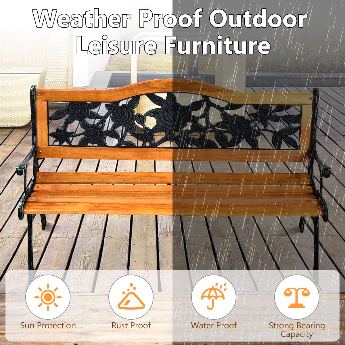Giantex 50 Inch Patio Bench - Outdoor Wooden Loveseat with Cast Iron Frame, Weatherproof 2-Person Porch Swing for Garden, Deck, and Backyard Relaxation