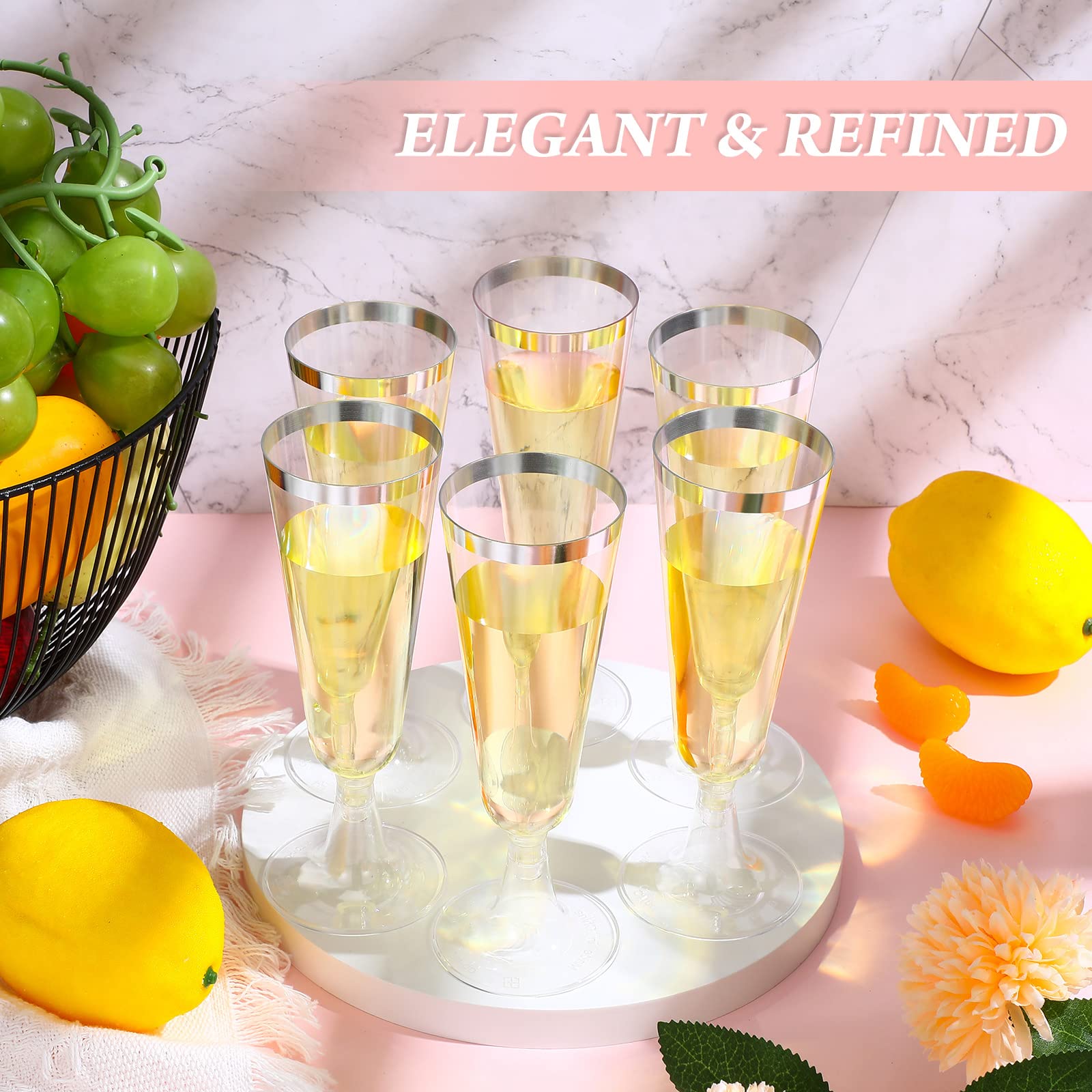 200 Pack Disposable 5 Oz Plastic Champagne Flutes - Silver Wedding Party Cups for Toasting, Cocktails & Celebrations | Elegant & Shatterproof Drinkware for Weddings, Receptions, Bridal Showers & Special Events