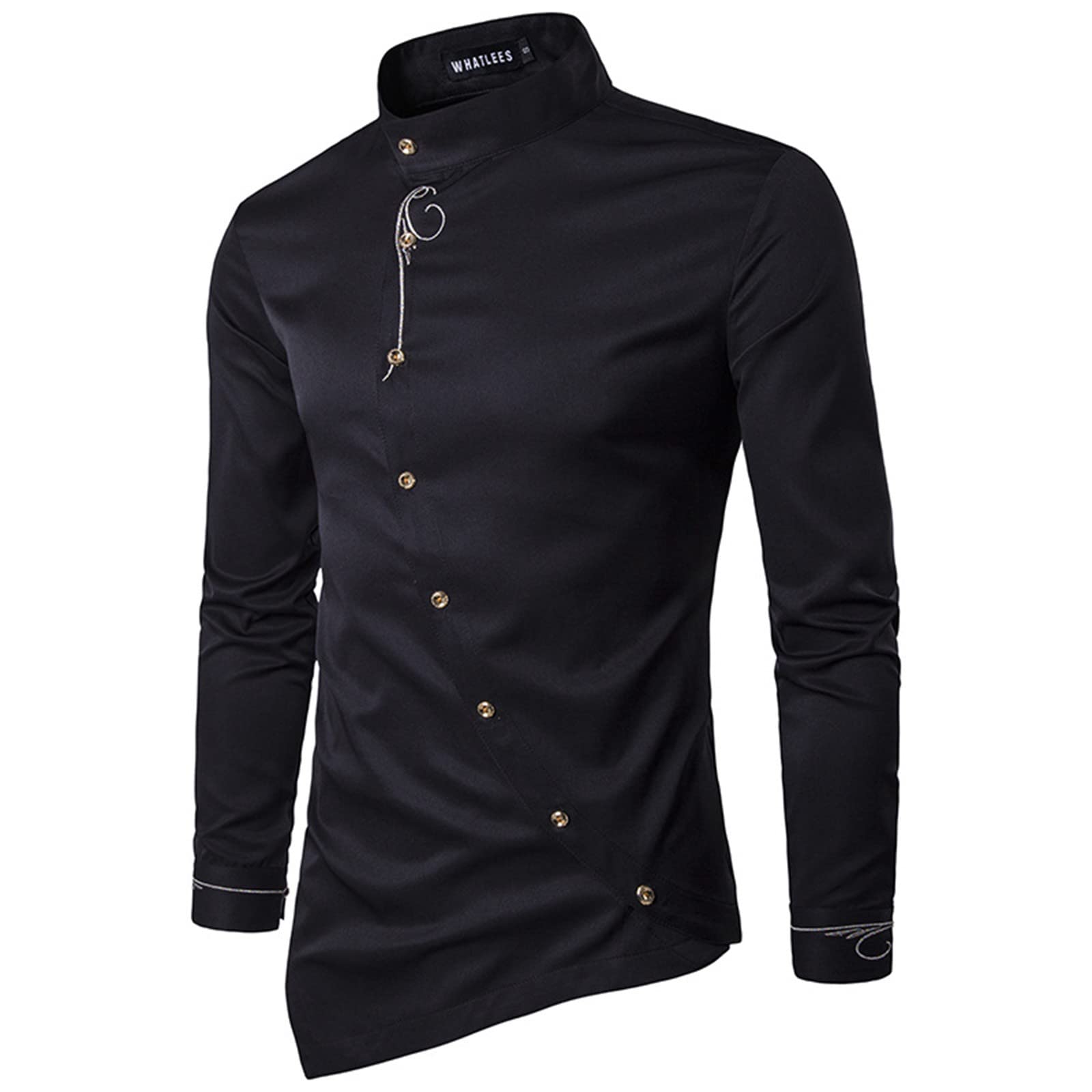Men's Slim Fit Mandarin Collar Cotton Dress Shirt - Casual Long Sleeve Embroidery Shirt with Irregular Hem | Perfect for Office Wear, Date Nights & Special Occasions