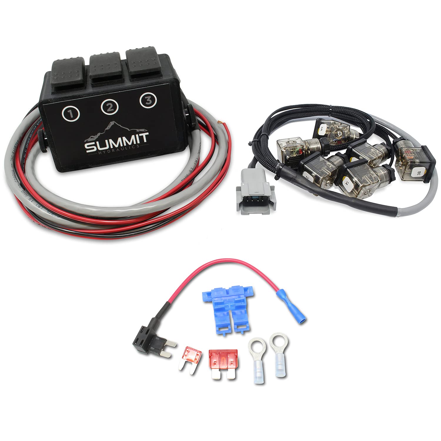 3 Spool Monoblock Valve Momentary Switch Control Box with DIN Connectors - Hydraulic Valve Harness for Tractors, Excavators & Heavy Equipment