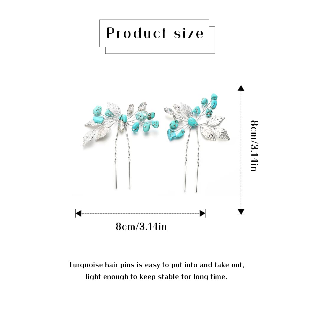 Turquoise Hair Pins with Silver Leaf Design - Glitter Rhinestone Bridal Hair Accessories for Women (Pack of 2) | Perfect for Weddings, Prom, Parties & Special Occasions