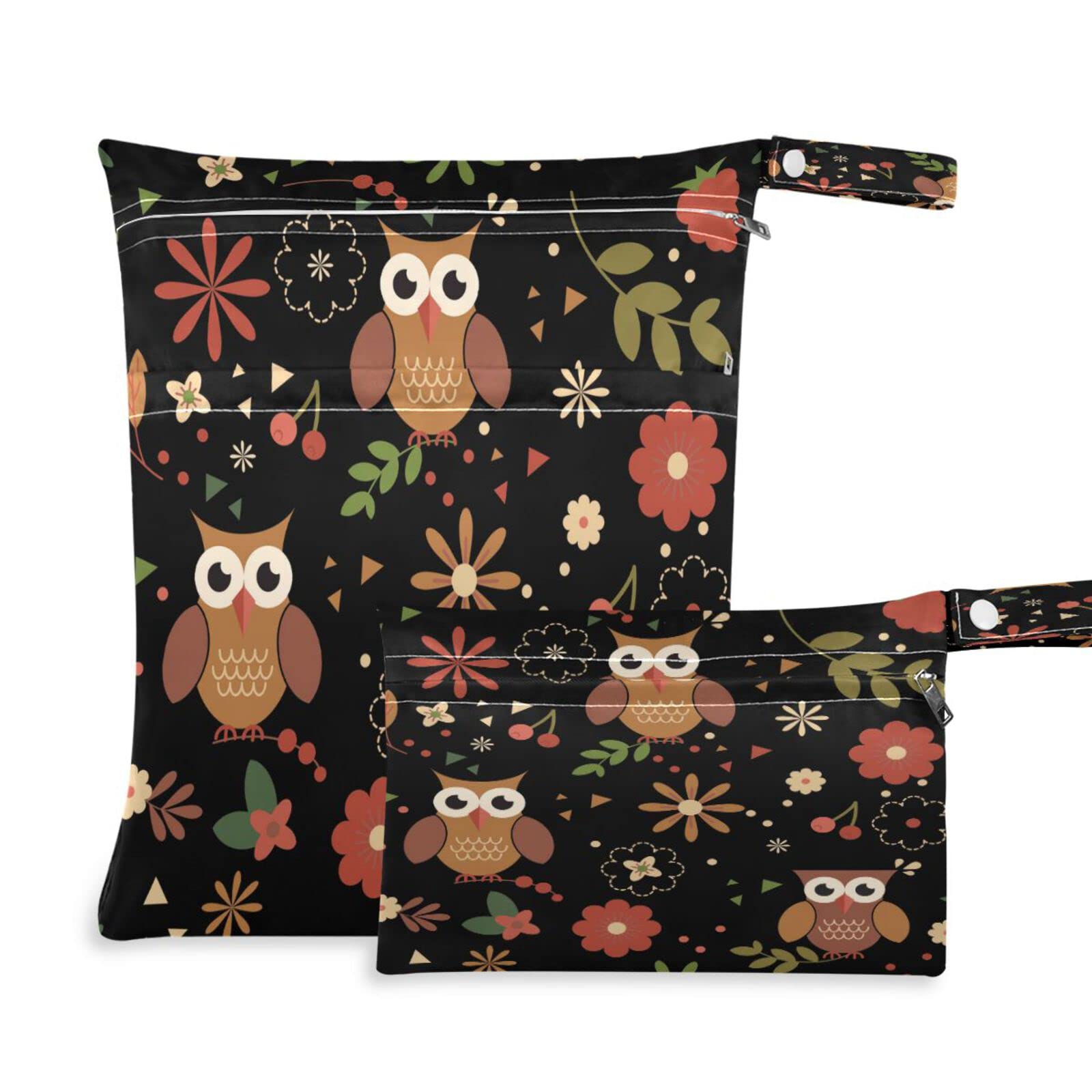HUXINO Waterproof Wet Dry Bags - Cute Owl & Floral Pattern Reusable Organizer Pouch with 2 Zipper Pockets for Baby Cloth Diapers, Swimsuits & Wet Clothes | Perfect for Beach, Travel, Hiking & Gym Use