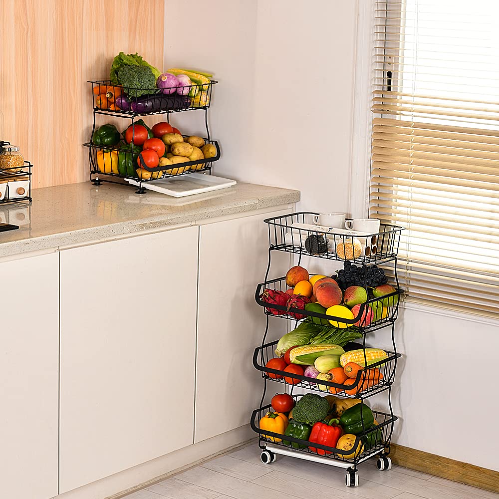4-Tier Stackable Metal Wire Storage Basket with Wheels - Organizer for Fruits, Vegetables, Kitchen, Pantry & Bathroom - Perfect for Grocery Storage, Home Organization & Small Space Saving