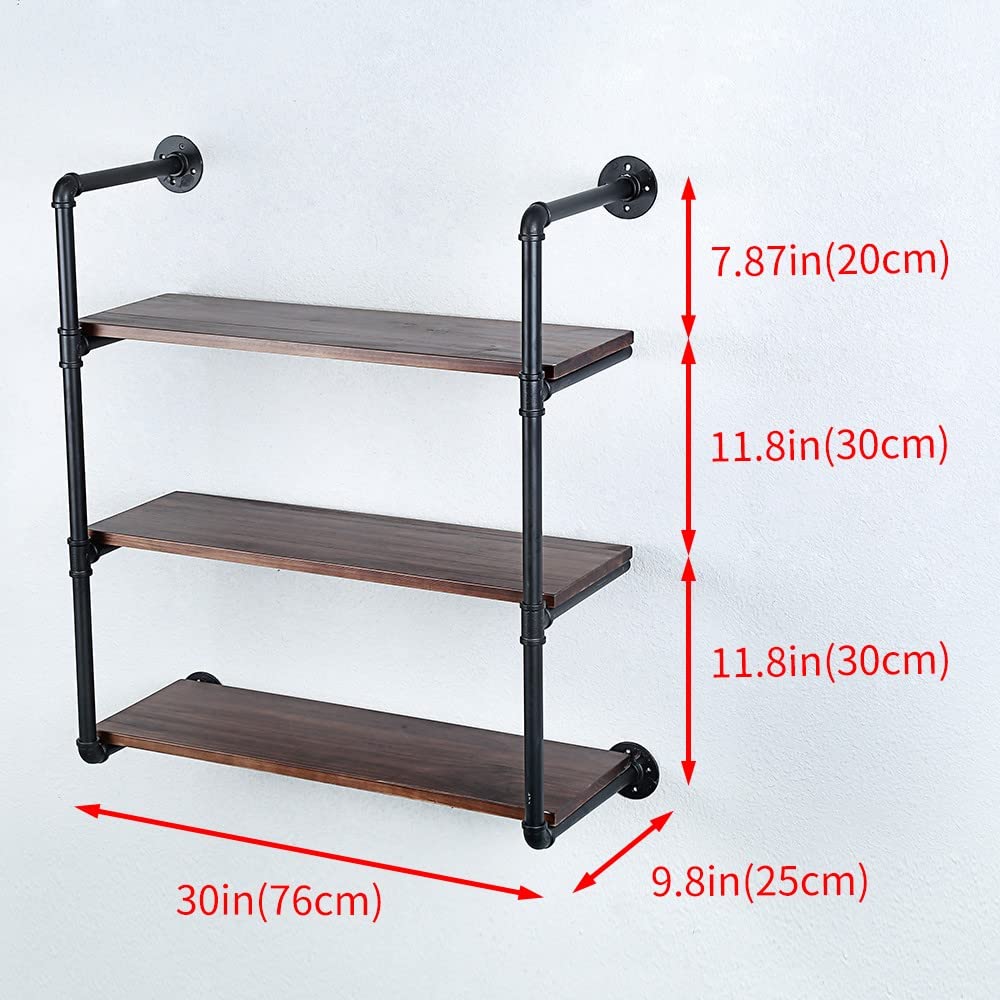 Industrial Pipe Shelving Wall Mounted - 30 Inch Rustic Metal Floating Shelves with Real Wood - Steampunk Bookshelf for Farmhouse Kitchen & Bar (3 Tier) - Perfect for Home Office, Living Room & Bedroom Storage
