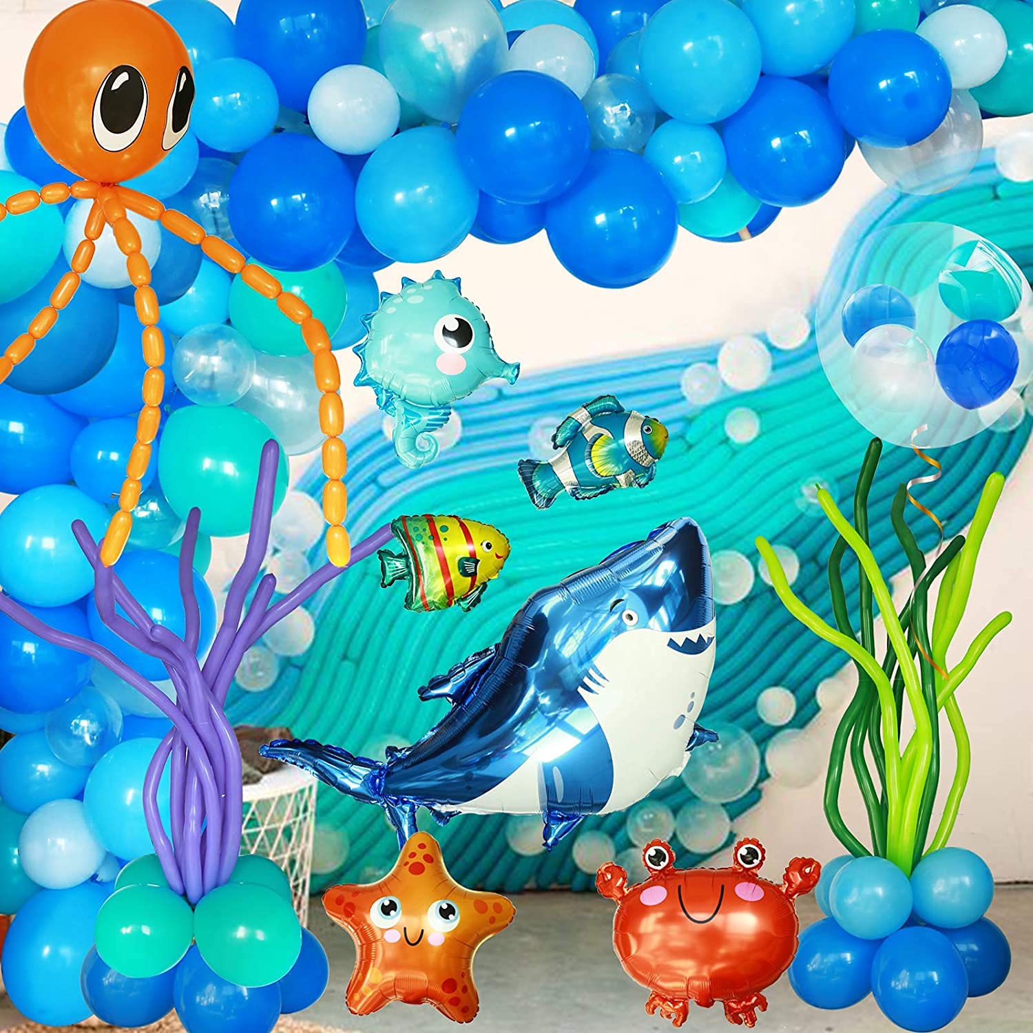 5 Pcs Ocean Animal Foil Balloons - Fish, Octopus, Starfish, Crab & Pufferfish for Kids Birthday Party, Under the Sea Theme Decorations - Perfect for Baby Showers, Pool Parties & Ocean-Themed Events
