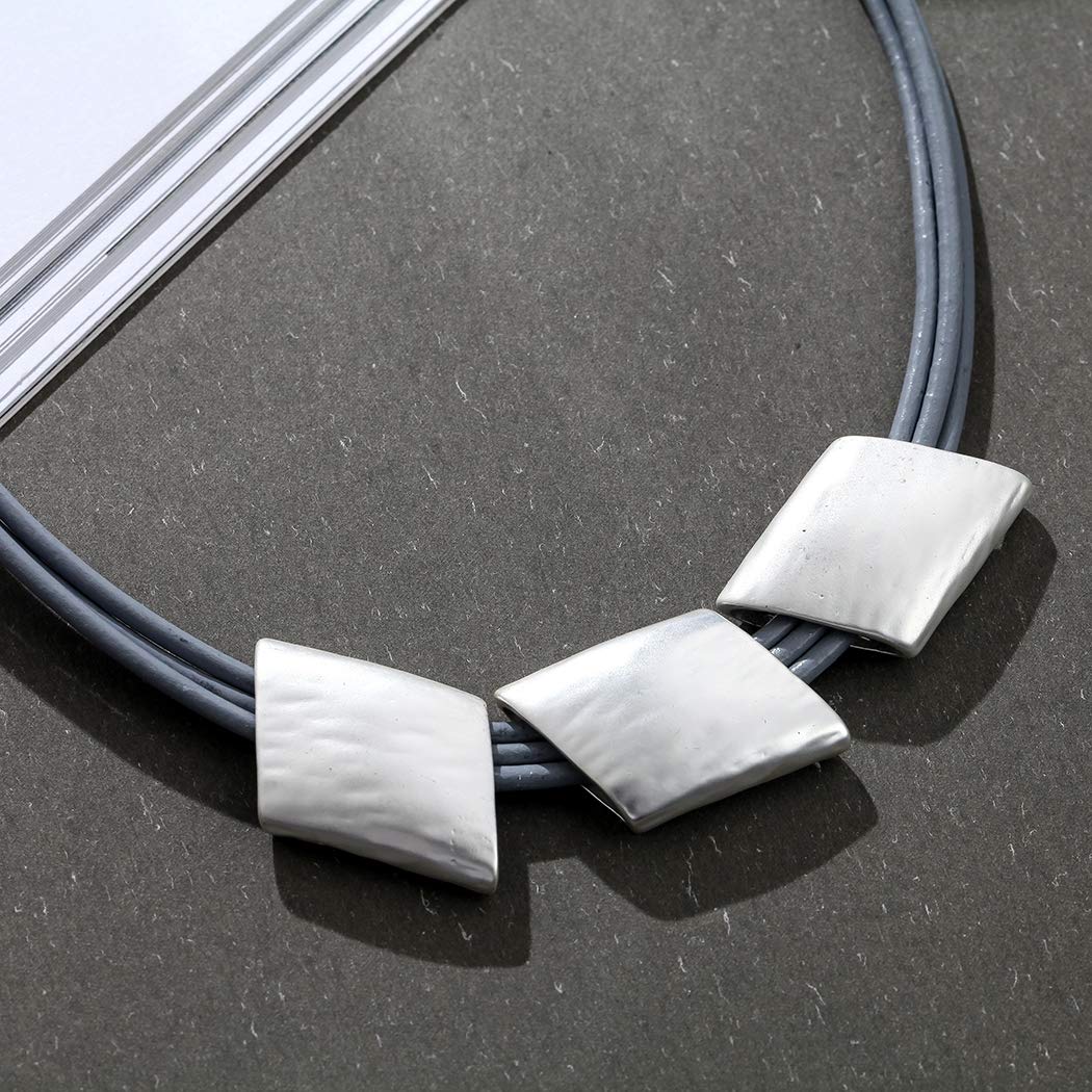 Grey Leather Choker Necklace for Women - Chunky Silver Pendant Fashion Jewelry | Gothic Punk Style, Layering Accessory, Gift Idea