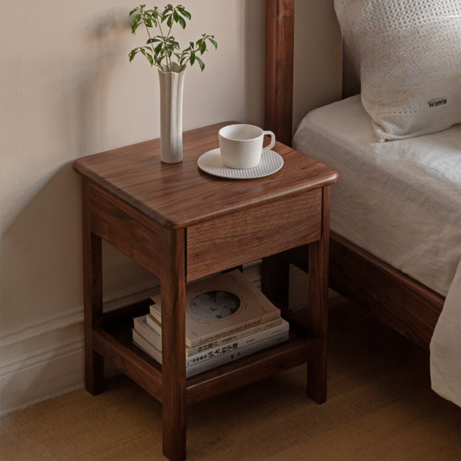 Solid Black Walnut and Ash Wood Nightstand with 2 Drawers - Stylish Bedside Storage Cabinet for Bedroom, Living Room, or Office